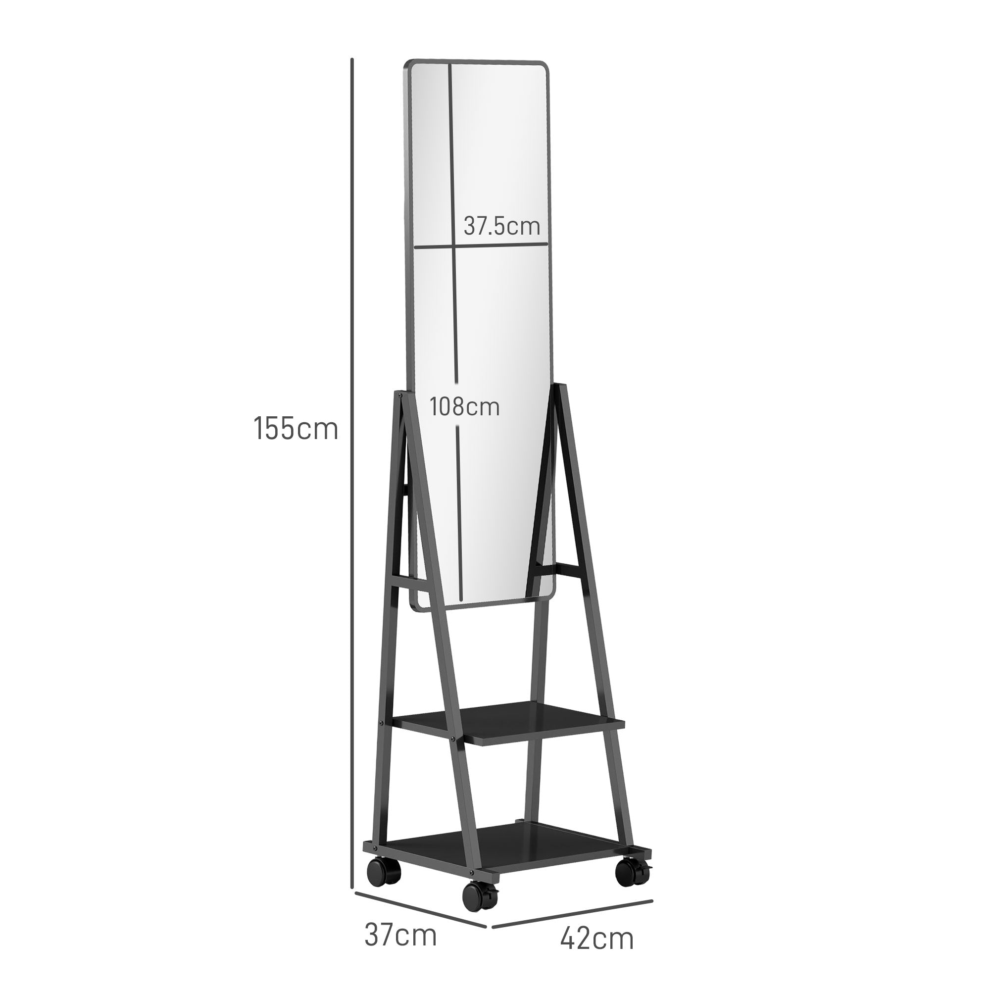 EasyComfort Staande spiegel met 2 planken, 4 wielen, 42x37x155 cm