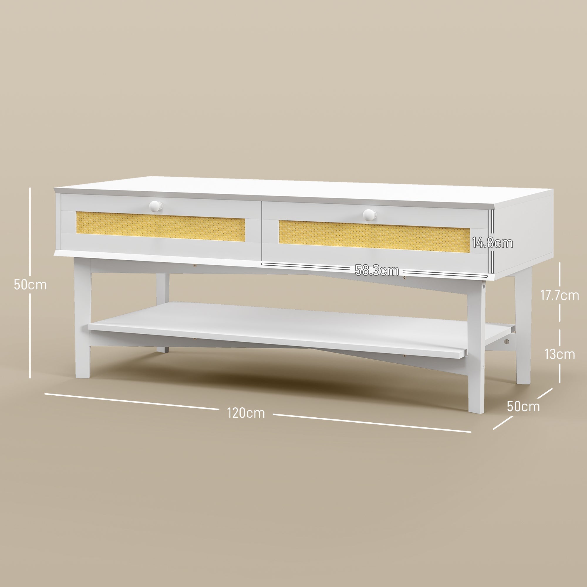 EasyComfort Boho koffietafel 120x50x50 cm, 2 lades, rattan/wit