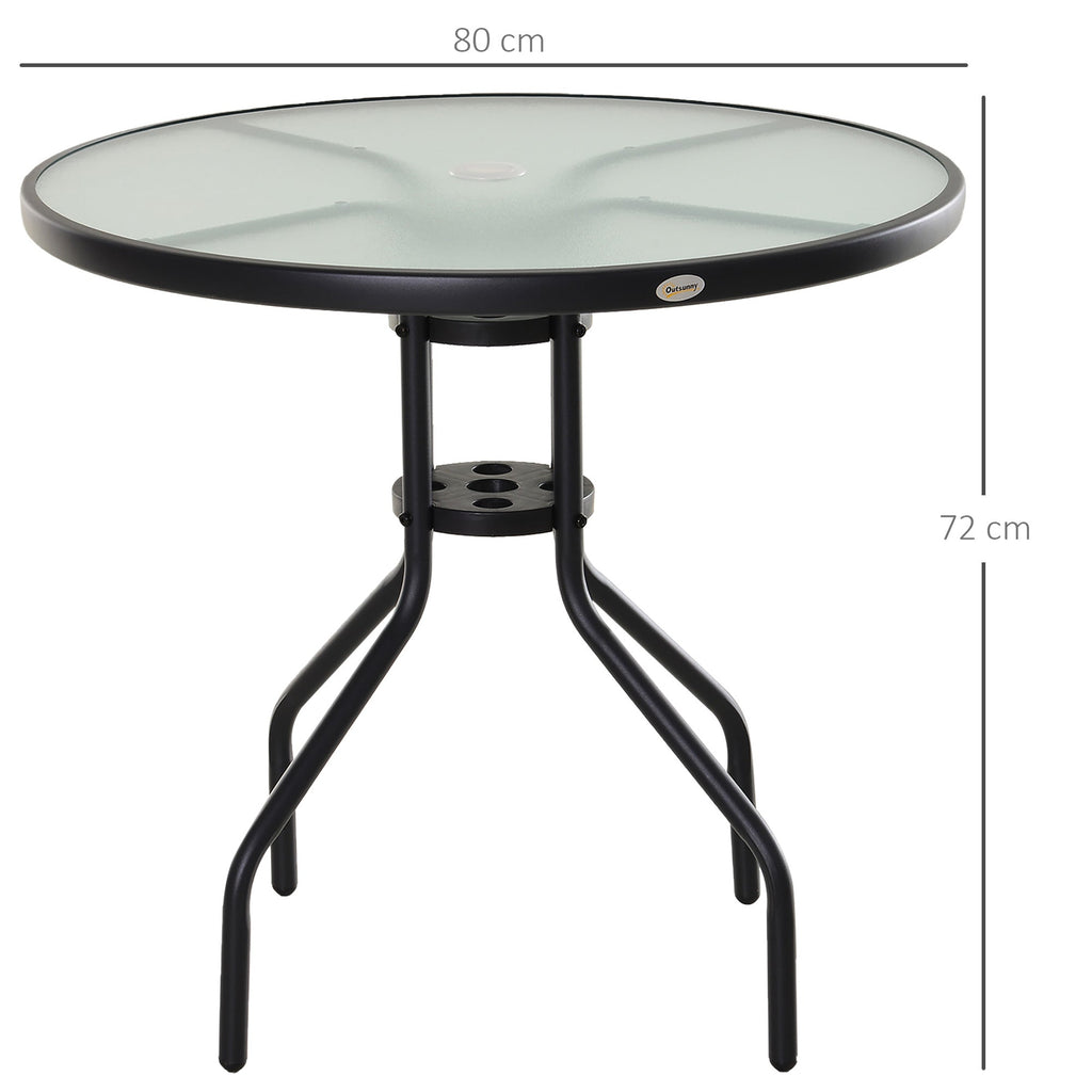 Easycomfort Tavolino da Giardino with Piano in Vetro Temperato e Foro per Ombrellone Acciaio Ф80 x 72 cm black