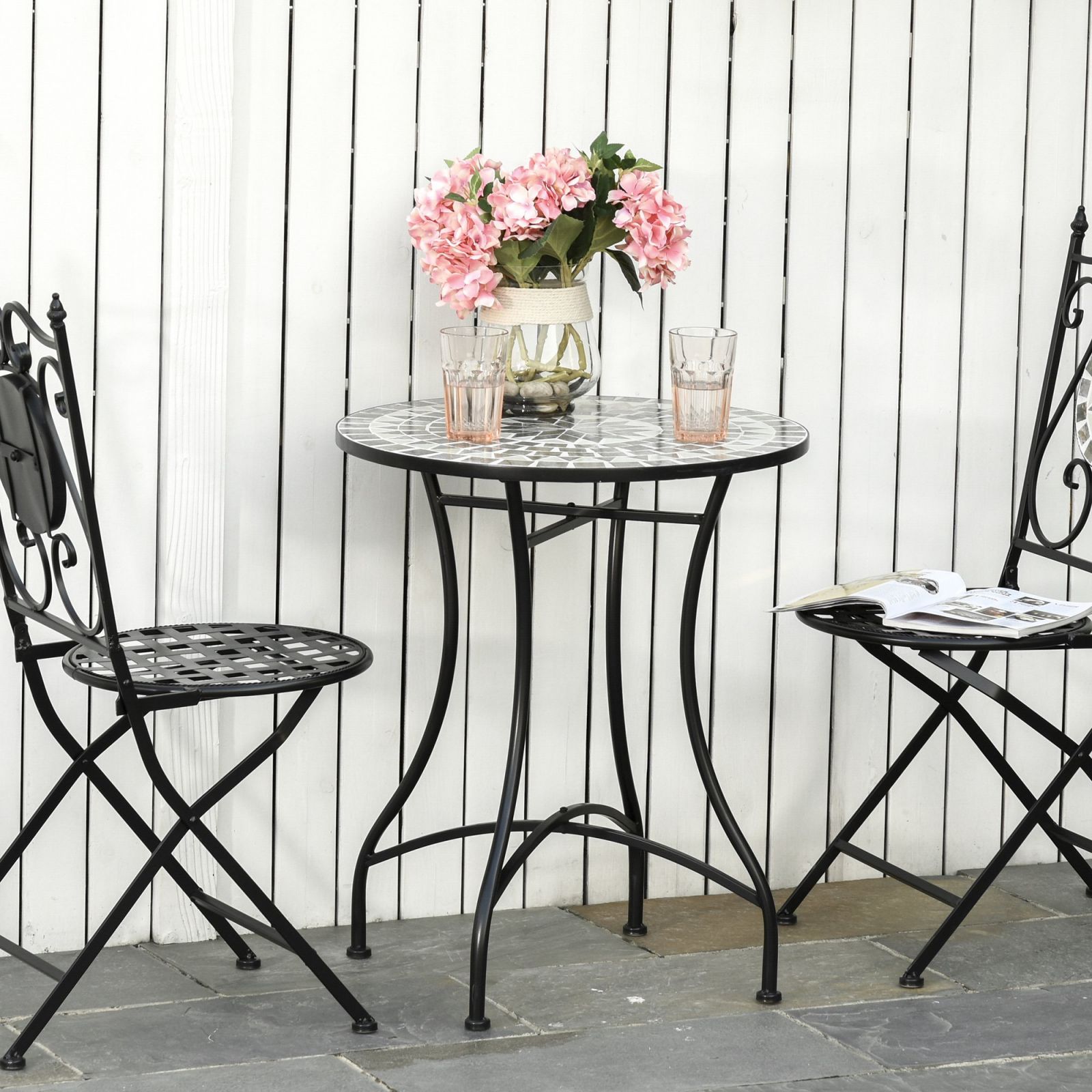 EASYCOMFORT Garden Coffee Table in Metal and Ceramic, Outdoor Table for Terrace or Balcony, Ф60x71cm, Black