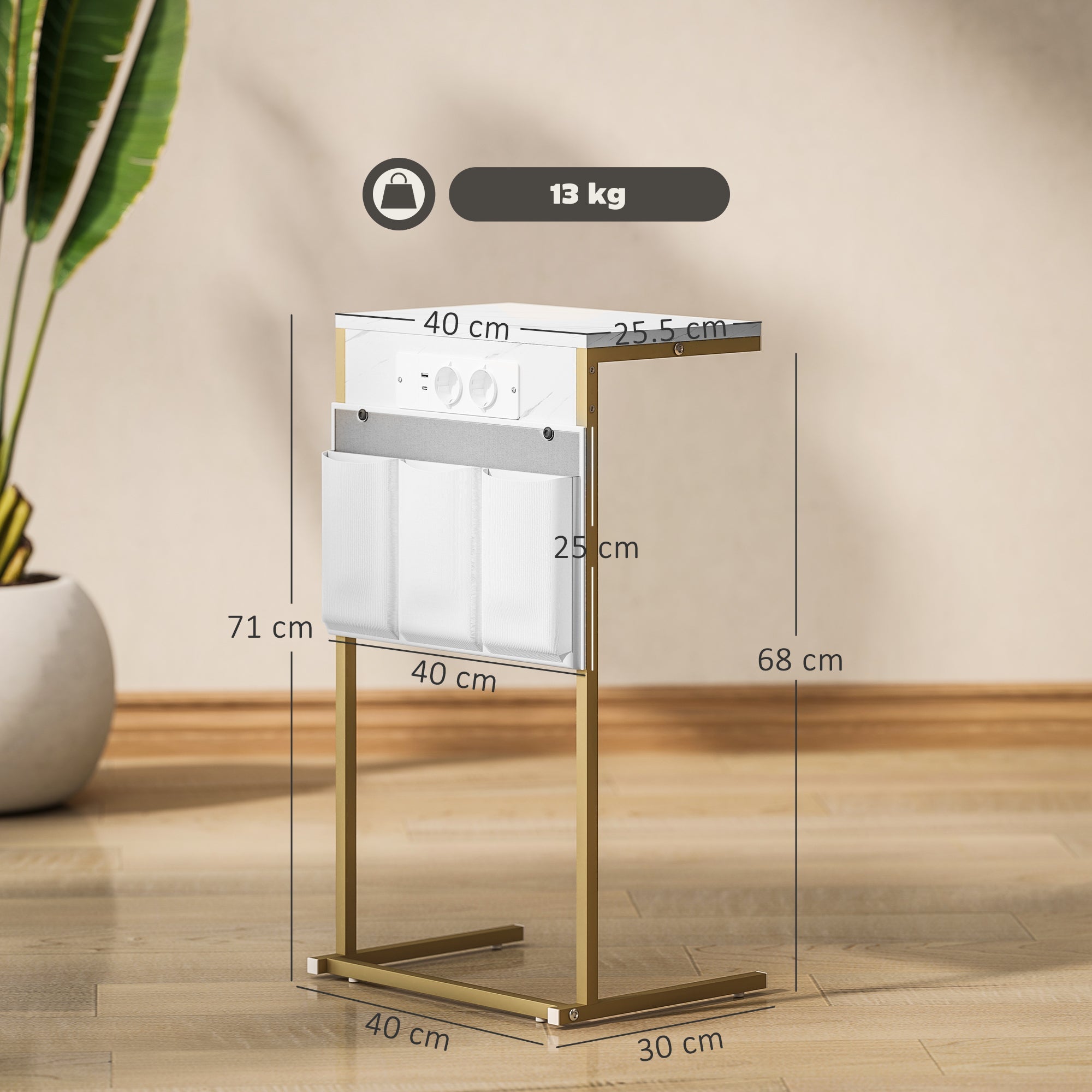 EasyComfort C‑vormige bijzettafel marmerlook met stopcontacten en USB, wit