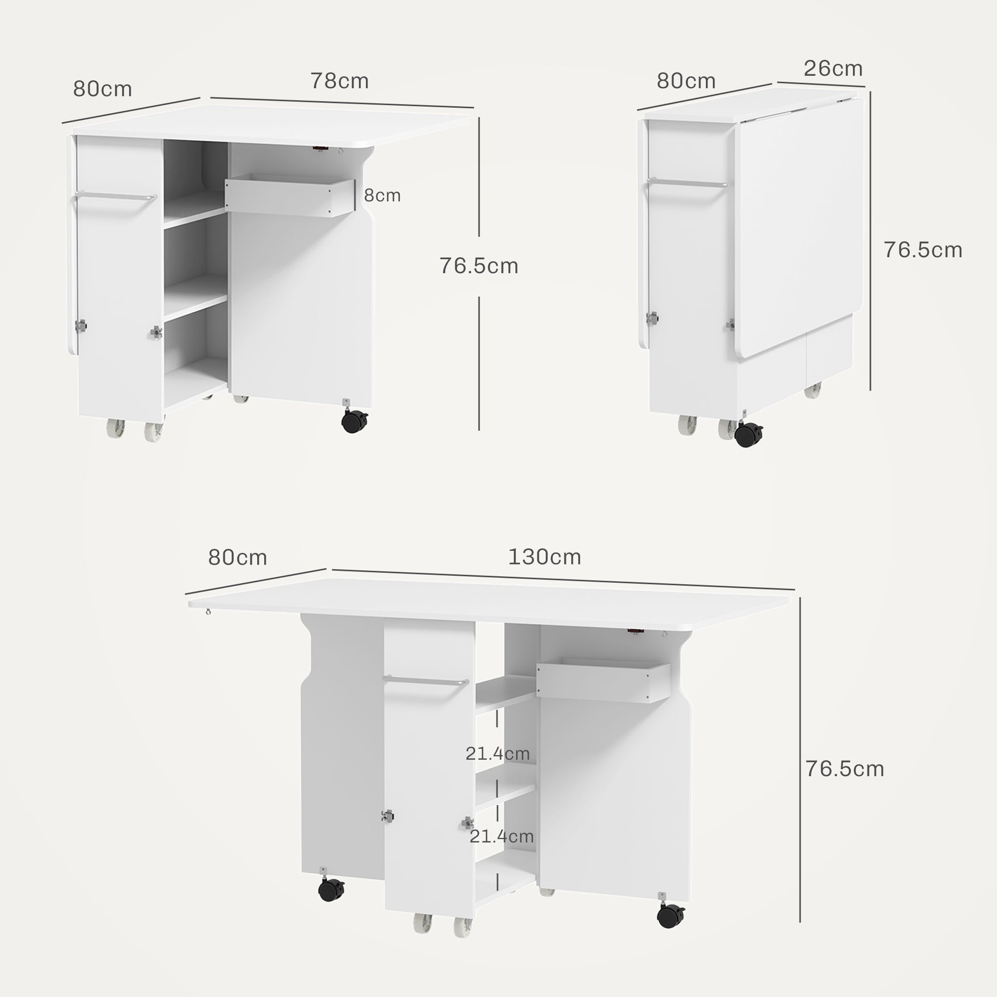 EasyComfort Tavolo a Ribalta vouwtafel met opbergruimte, 130x80x76.5 cm, wit