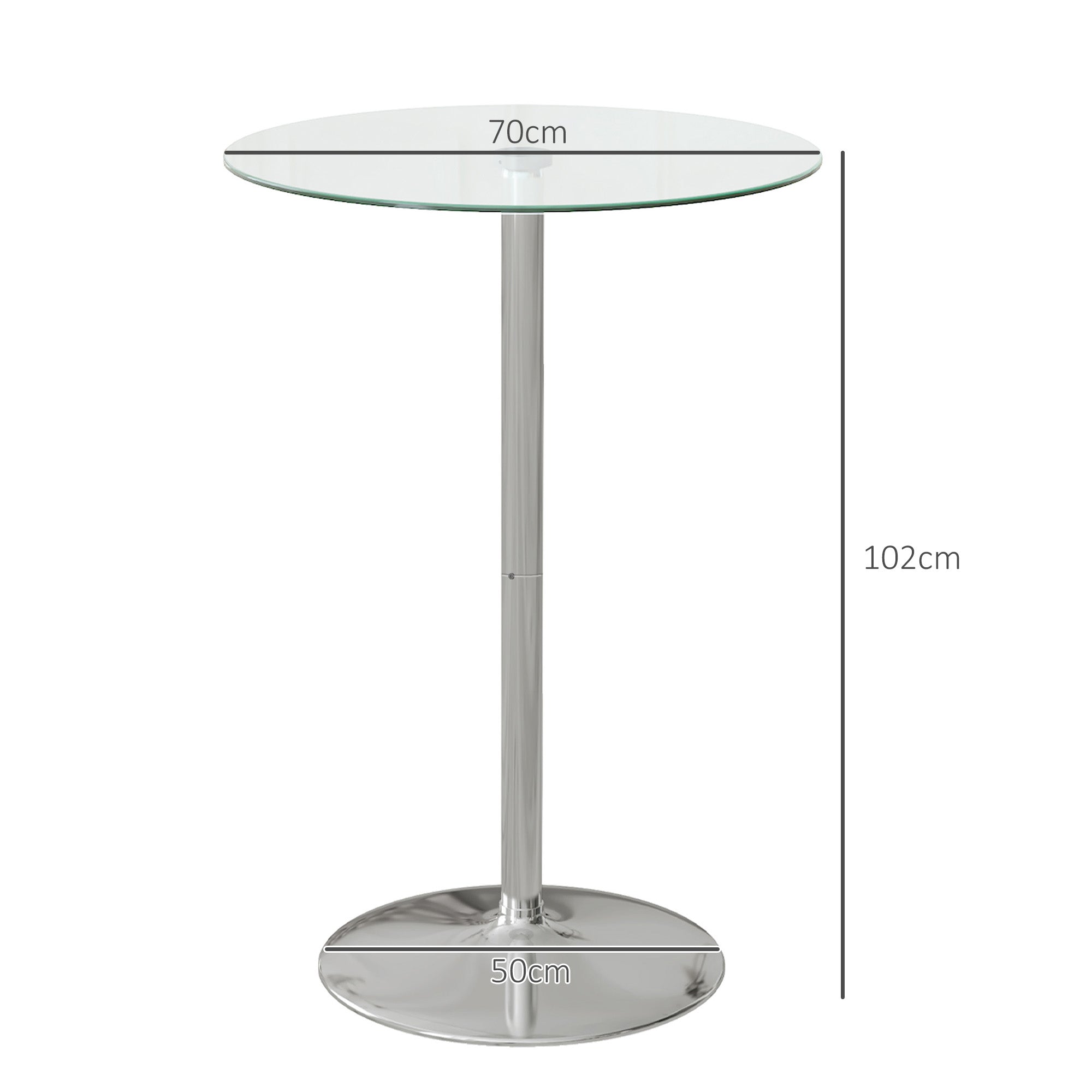 EasyComfort Tavolo Alto da Bar Moderno Rotondo with Base in Acciaio e Piano in Vetro, Ø70x102cm, Trasparente