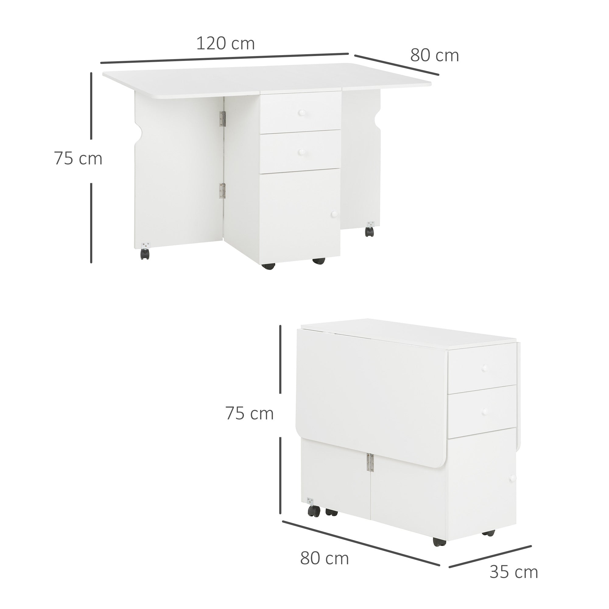 EasyComfort Tavolo da Cucina a Ribalta with 2 Cassetti e Armadietto ad Ante, in Truciolato, 120x80x75 cm, white