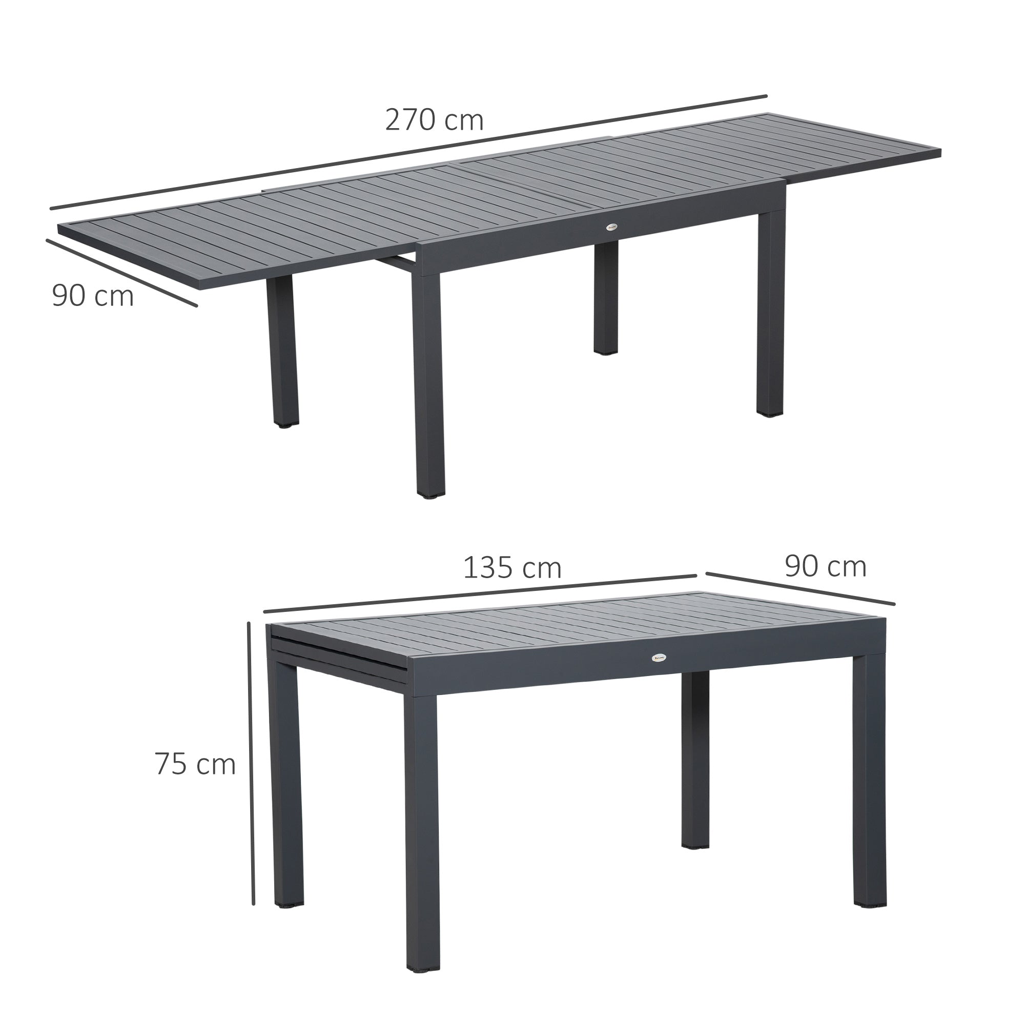 EASYCOMFORT Extendable Garden Table for 8-10 People, in Aluminium, 135-270x90x75cm, Gray