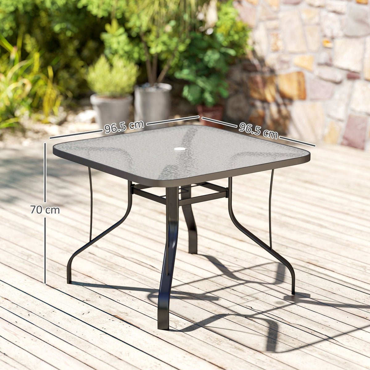 EasyComfort Tavolo 4‑persoons tuintafel, glas 96,5×96,5×70 cm, zwart