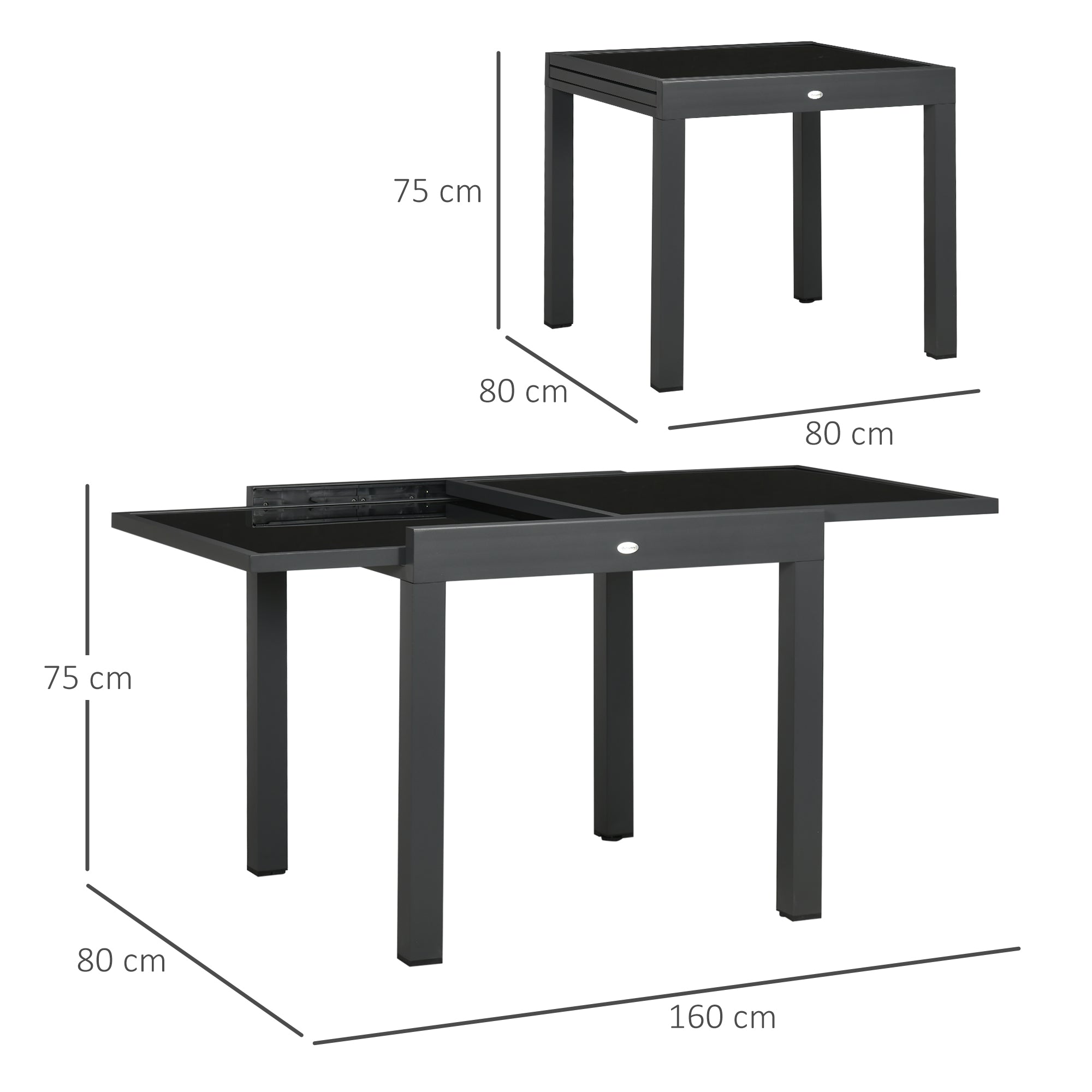 EasyComfort Tavolo da Pranzo Allungabile da Giardino with Piano in Vetro e Alluminio, 80-160x80x75 cm, black