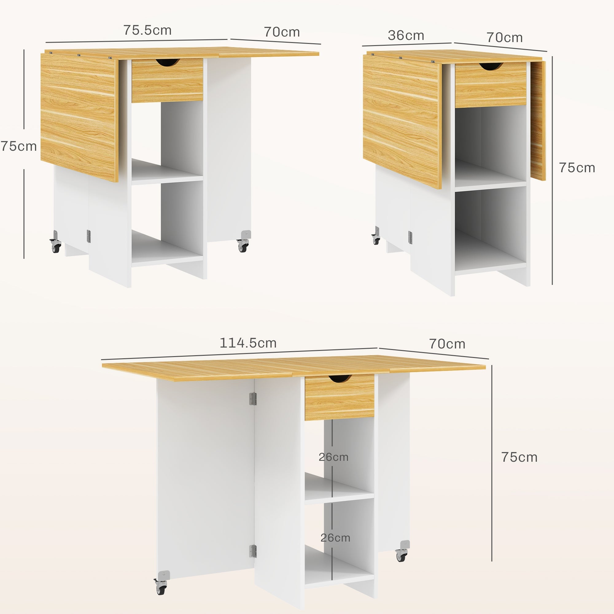 EasyComfort Opvouwbare eettafel 2–4 personen met 2 uitslaande bladen, lade, eik