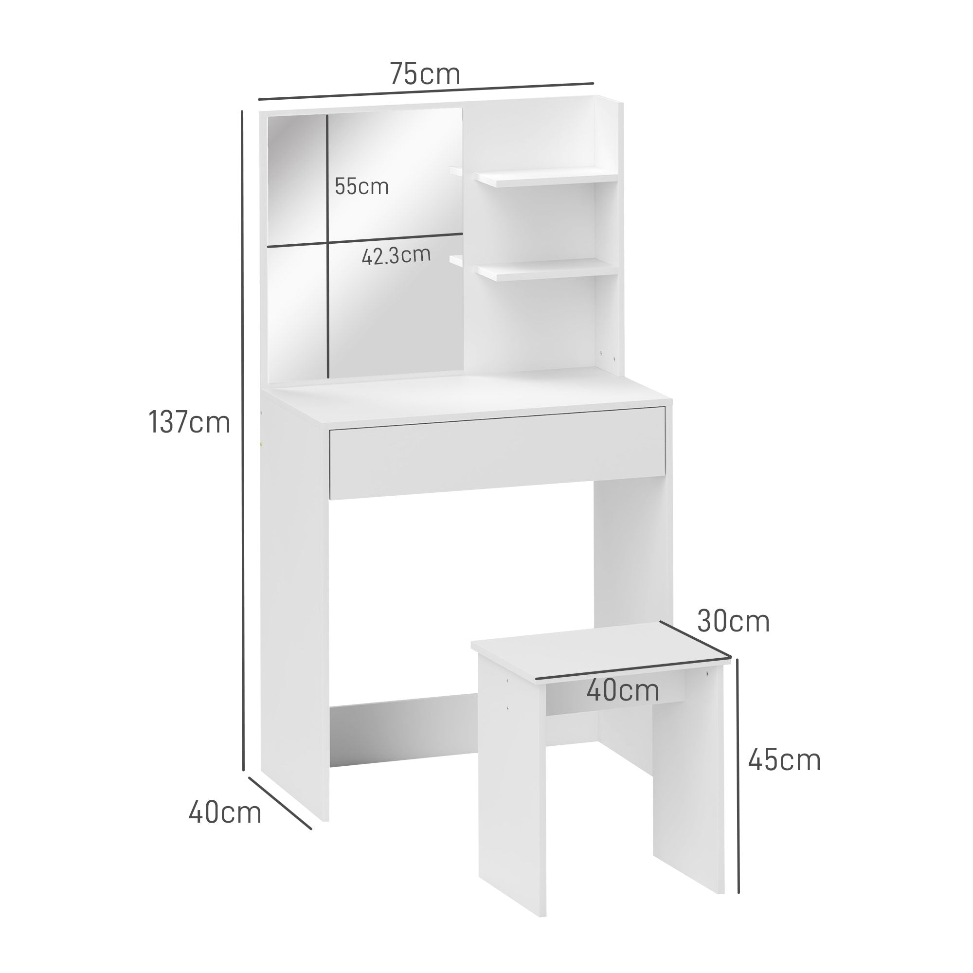 EasyComfort Make-uptafel met 3 planken, spiegel en kruk, 75x40x137 cm
