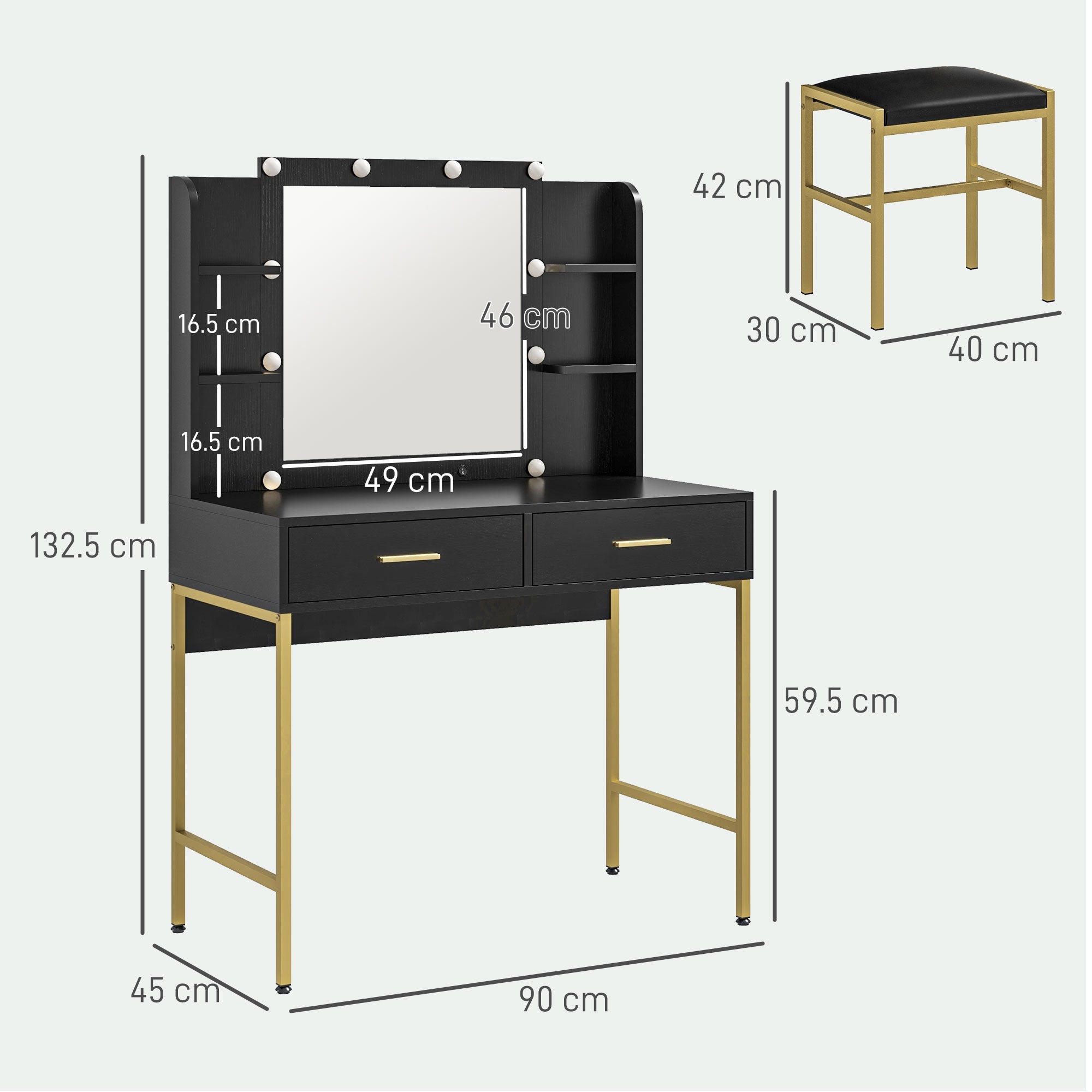 EasyComfort Make-uptafel met 2 lades, 6 vakken, spiegel en kruk, 90x45x132.5 cm
