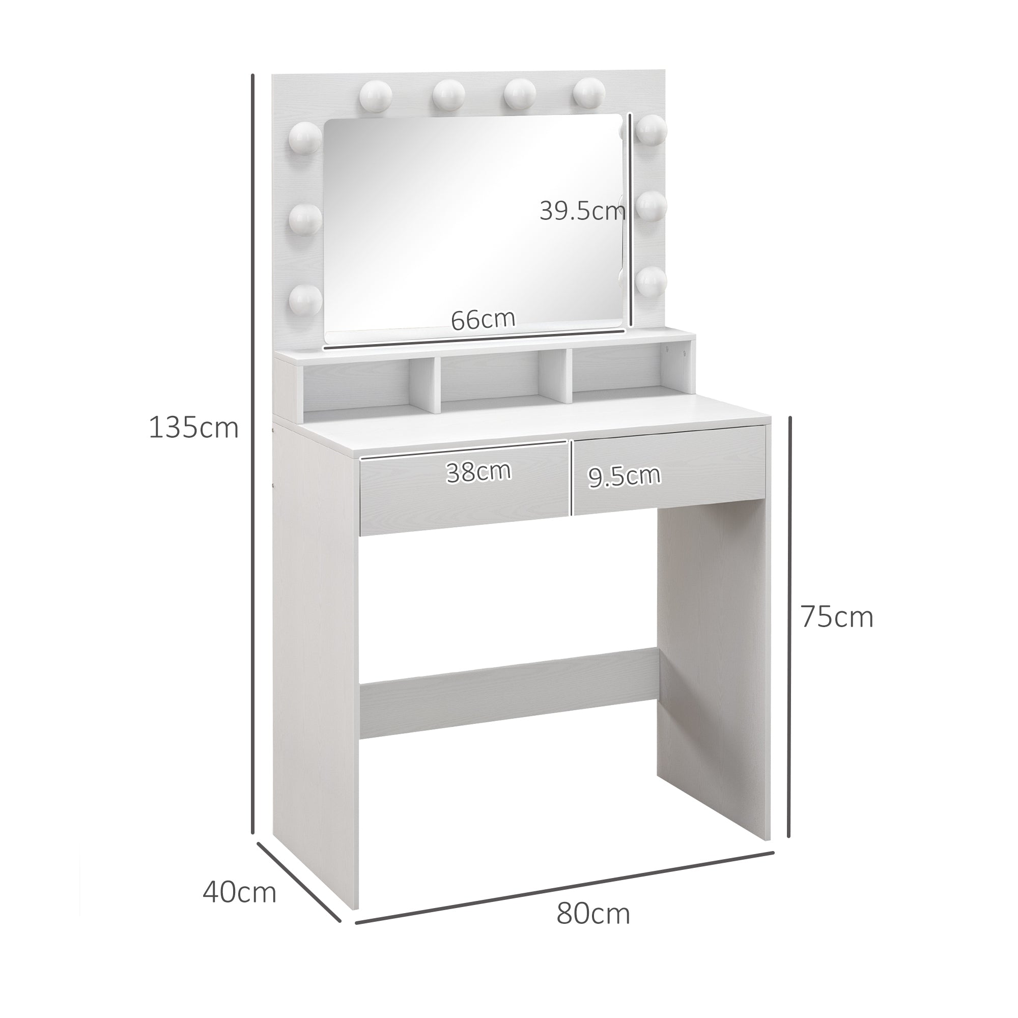 EasyComfort Tavolo da Trucco toilettafel met spiegel en 10 dimbare LED-lampen, 80x40x135 cm
