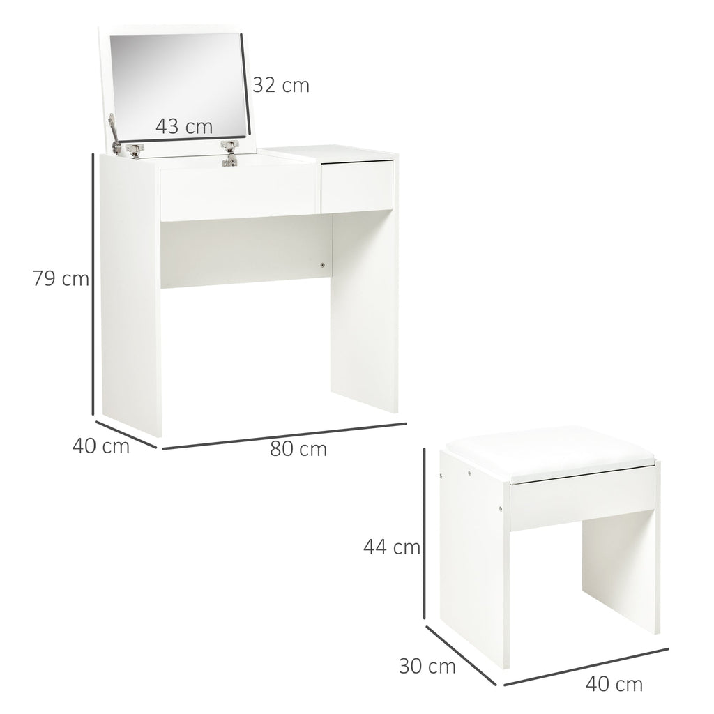 Easycomfort Tavolo da Trucco with Specchio Richiudibile, Tavolo da Trucco Moderno, with Sgabello, Vano Contenitore (4 Scomparti), MDF white, 80x40x79 cm