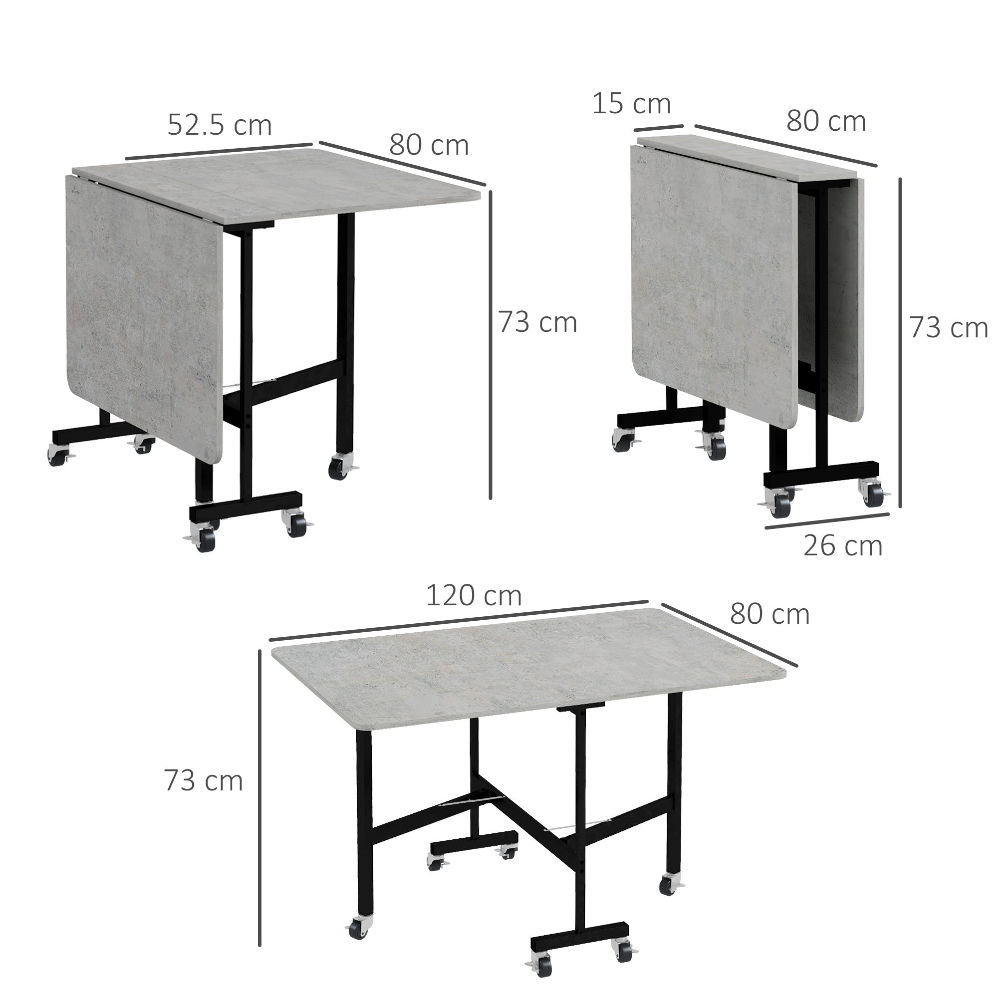EasyComfort Tavolo Pieghevole a Ribalta per 4-6 Persone with 6 Rotelle, in Legno e Acciaio, 120x80x73 cm, Grigio