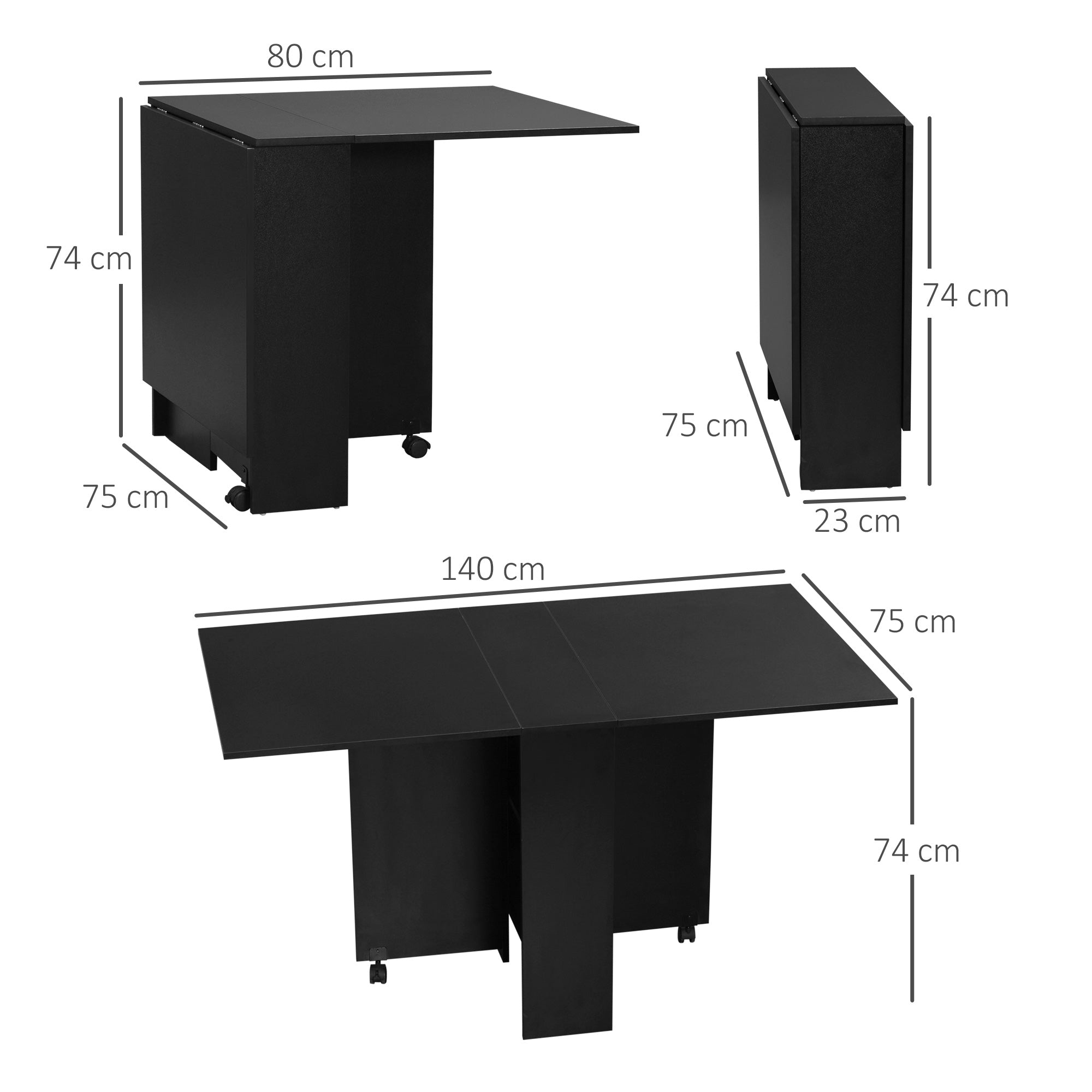 EasyComfort inklapbare houten tafel 4-6 personen, 75x140x74cm, zwart