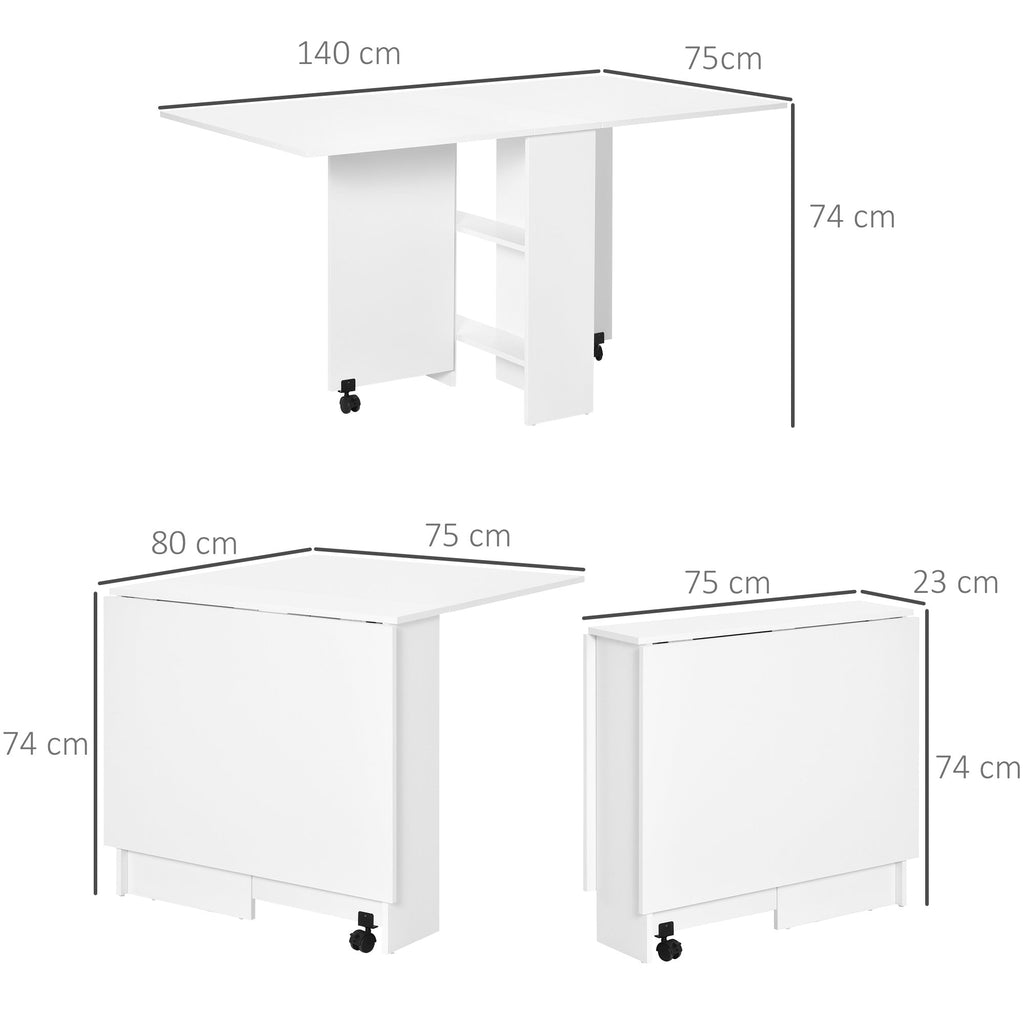 Easycomfort Tavolo Pieghevole Salvaspazio, 2 Ripiani Inferiori in Legno, Tavolo Richiudibile Salvaspazio, with Ruote per 6 Persone, 75P x 140l x 74H cm, white