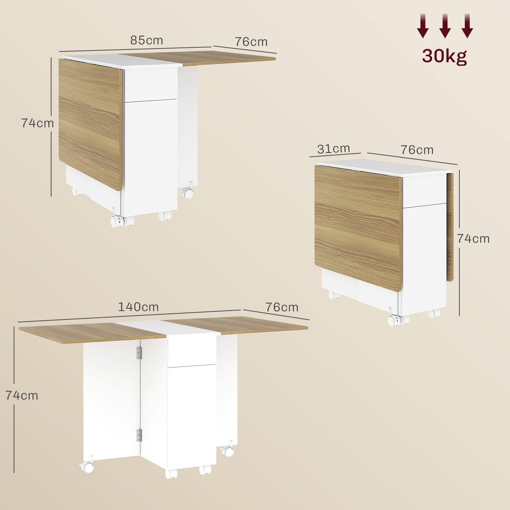 EasyComfort Uitklapbare tafel met 2 laden en kastje, 140x76x74 cm