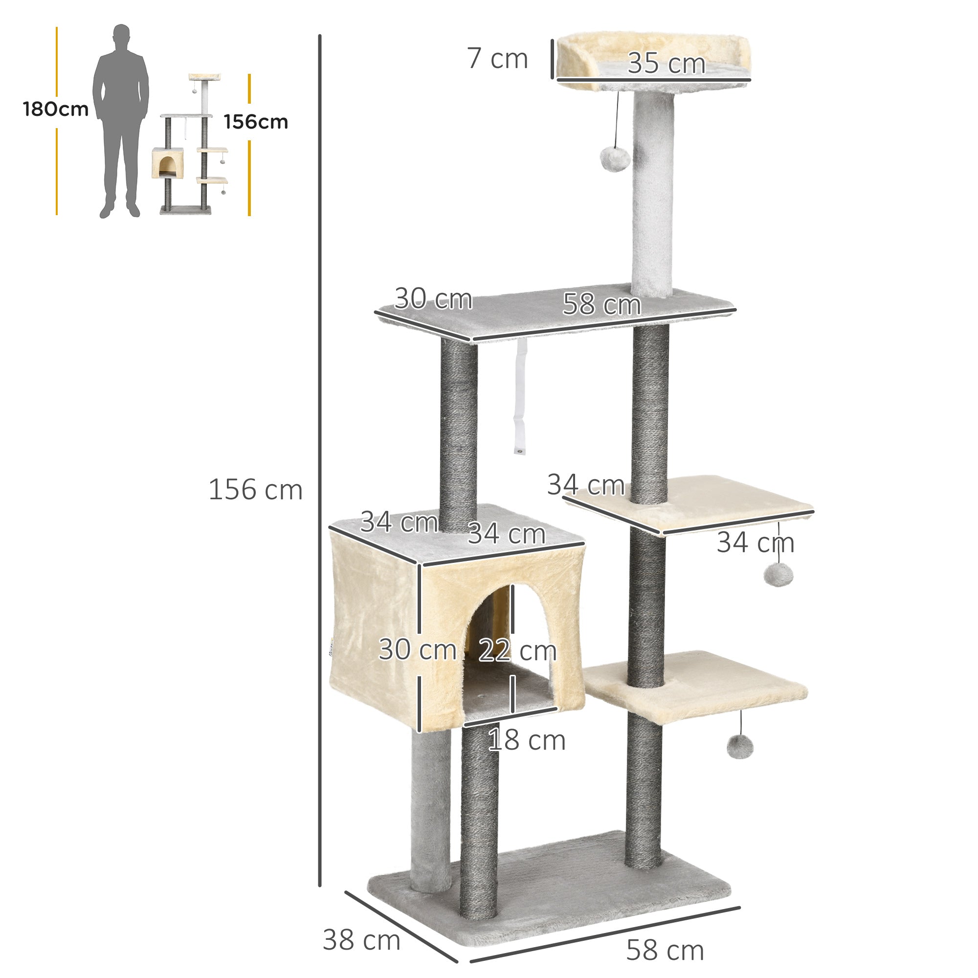 EASYCOMFORT Scratching Post for Cats 156cm High with Bed, House and Sisal Scratching Posts