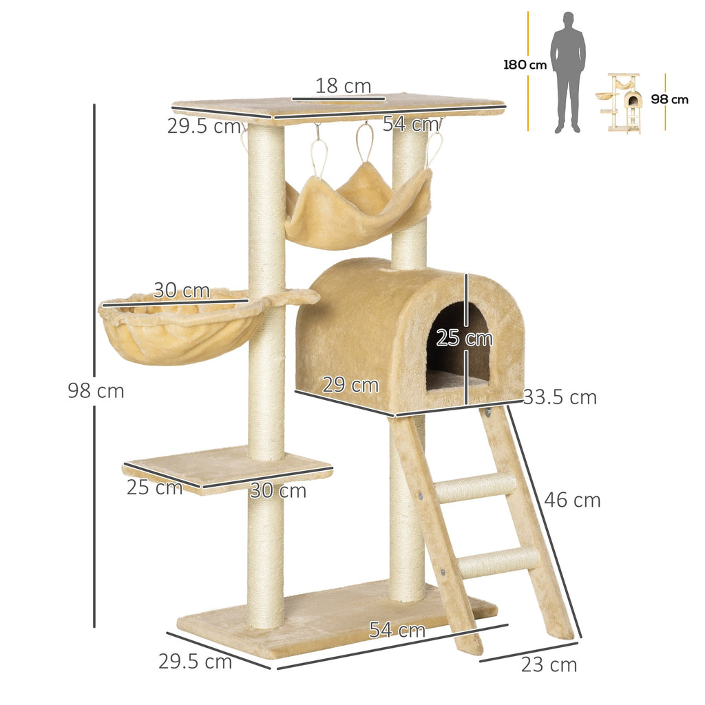 EASYCOMFORT Multilevel Cat Scratching Post with Hammock and House, Natural Sisal Ropes, 55×30×100cm