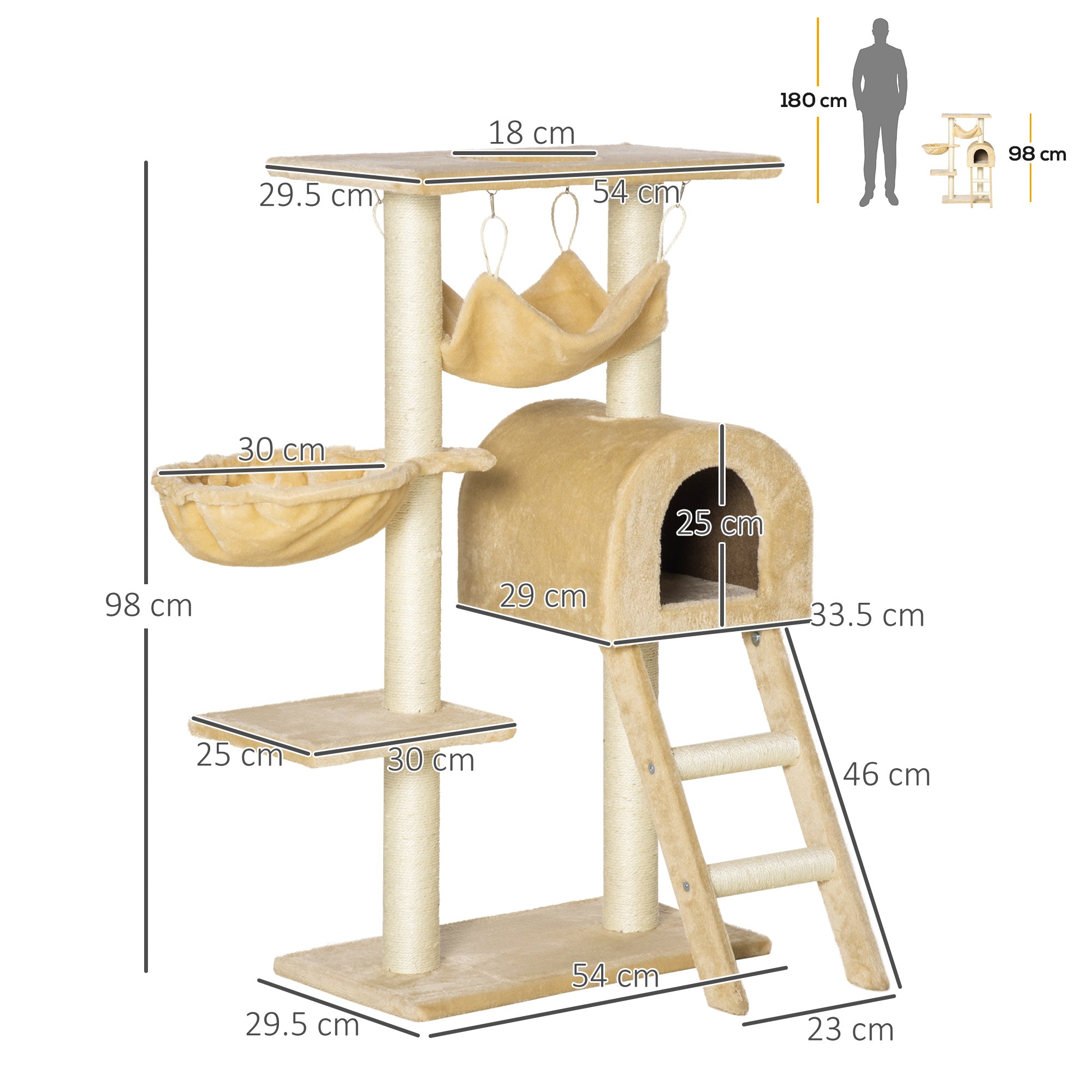 EASYCOMFORT Multilevel Cat Scratching Post with Hammock and House, Natural Sisal Ropes, 55×30×100cm
