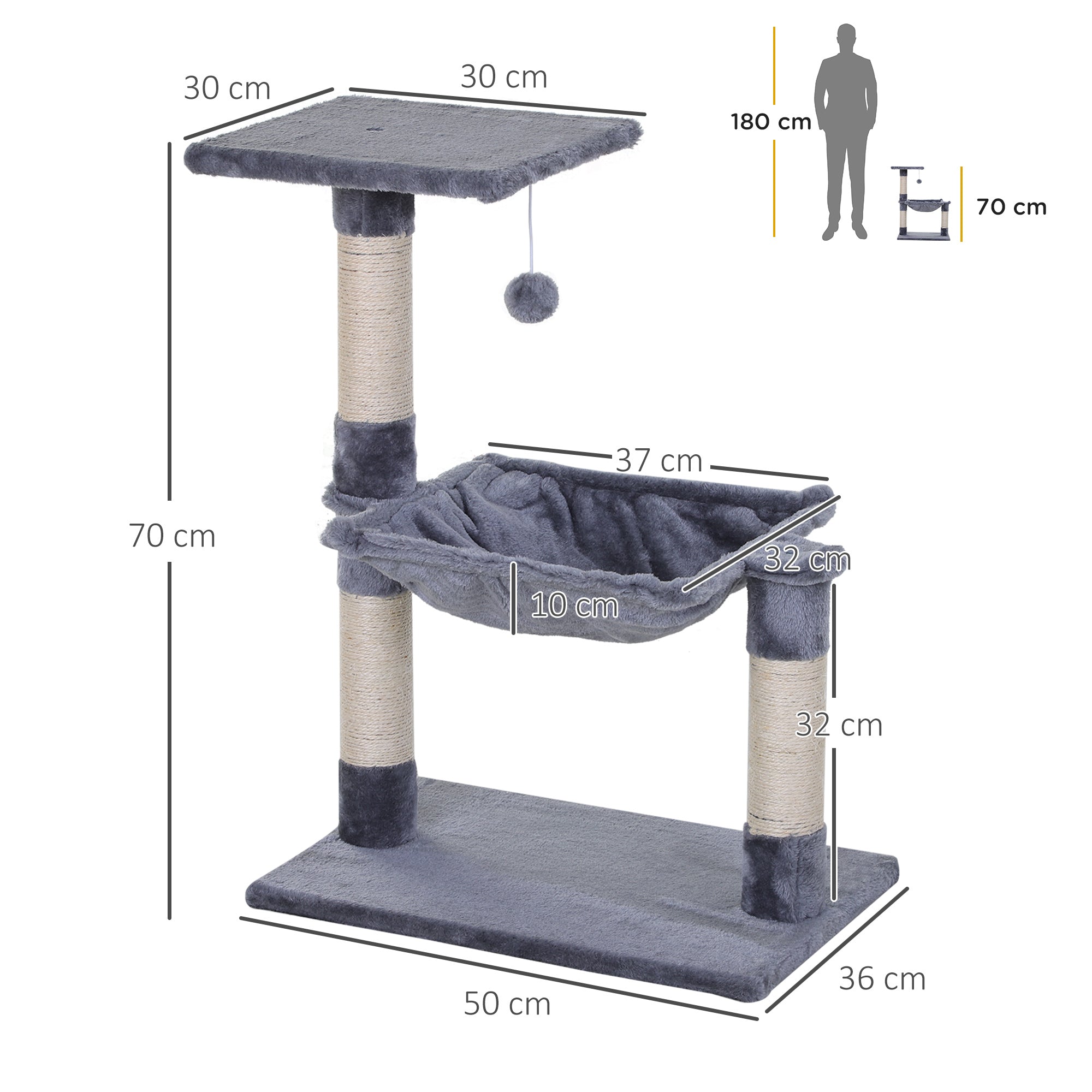 EASYCOMFORT Multilevel Cat Scratching Post with Hammock and Ball, Wood and Plush, 50x36x70cm, Gray