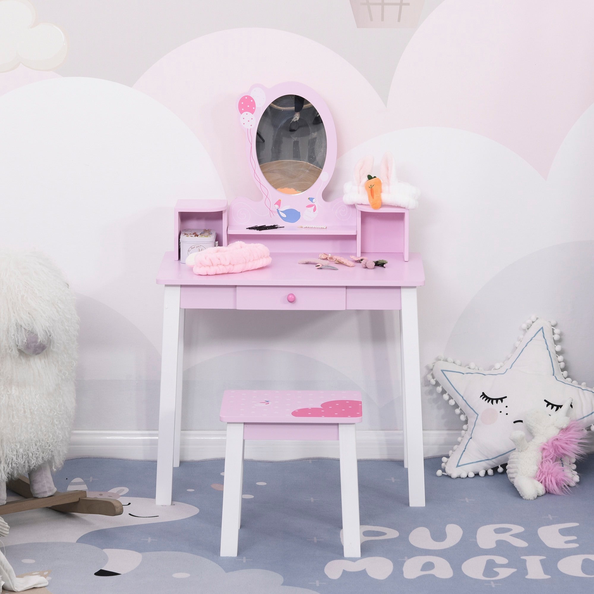 Easycomfort Toeletta per Bambine +3 Anni in Legno, Set Tavolo da Trucco Giocattolo with Specchio e Sgabello, Rosa