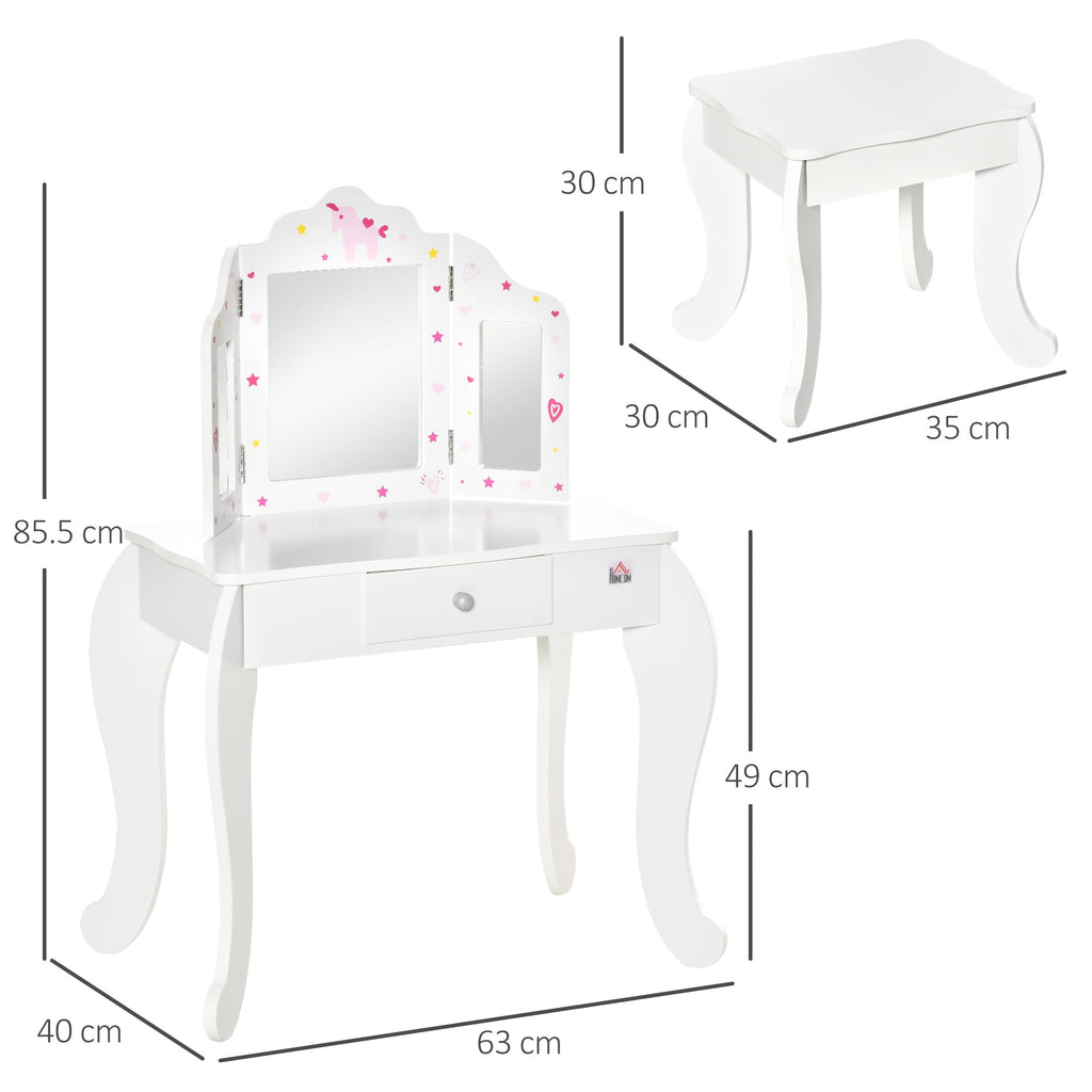 Easycomfort Toeletta per Bambini with Sgabello, Tavolo Trucco with Triplo Specchio e Cassetto, 63x40x85.5cm, white