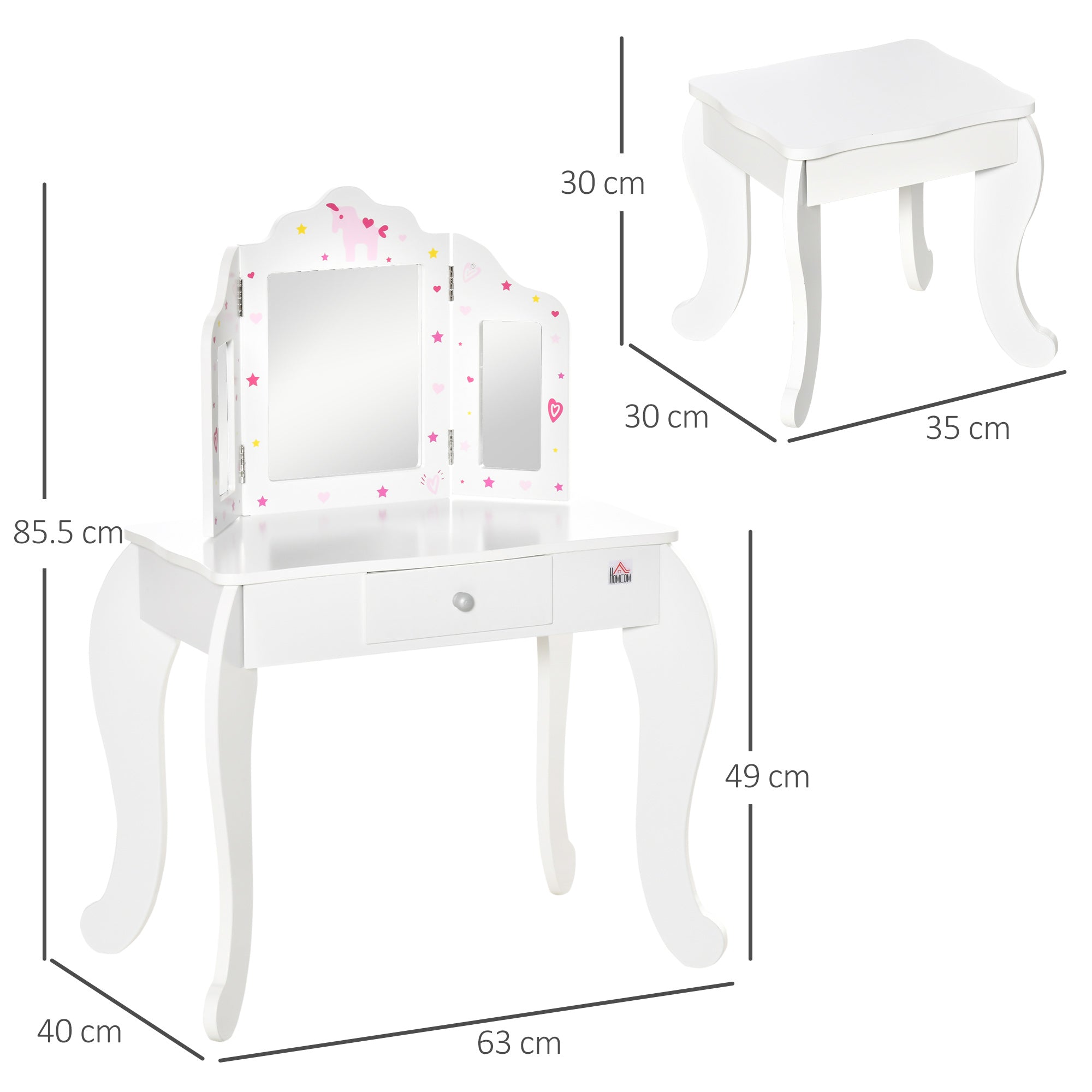 Easycomfort Toeletta per Bambini with Sgabello, Tavolo Trucco with Triplo Specchio e Cassetto, 63x40x85.5cm, white