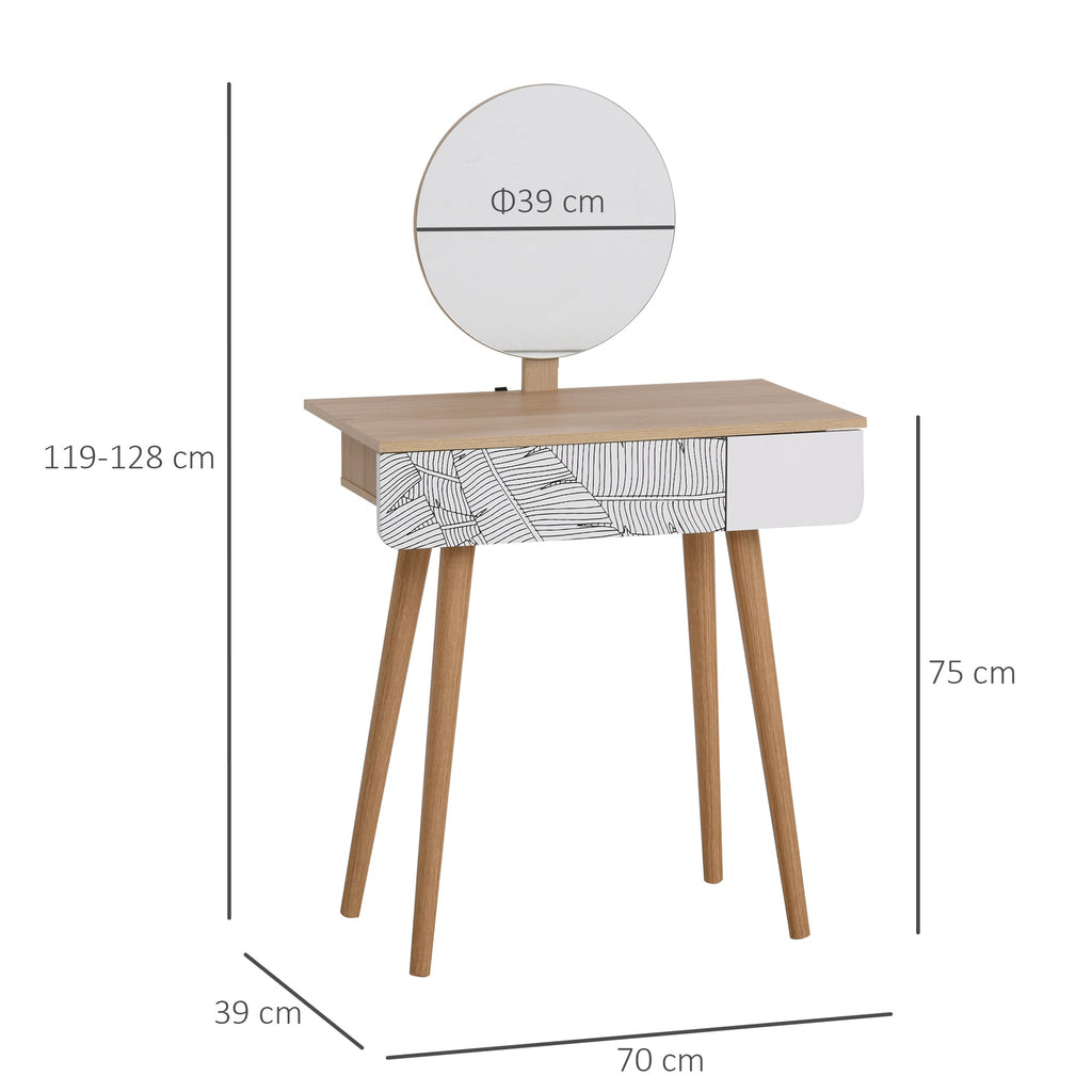 Easycomfort Toeletta Tavolo da Trucco with Specchio Circolare Ф39cm, Consolle Trucco with Cassetto with Decorazione Jungle, white e Rovere, 70x39x119-128cm