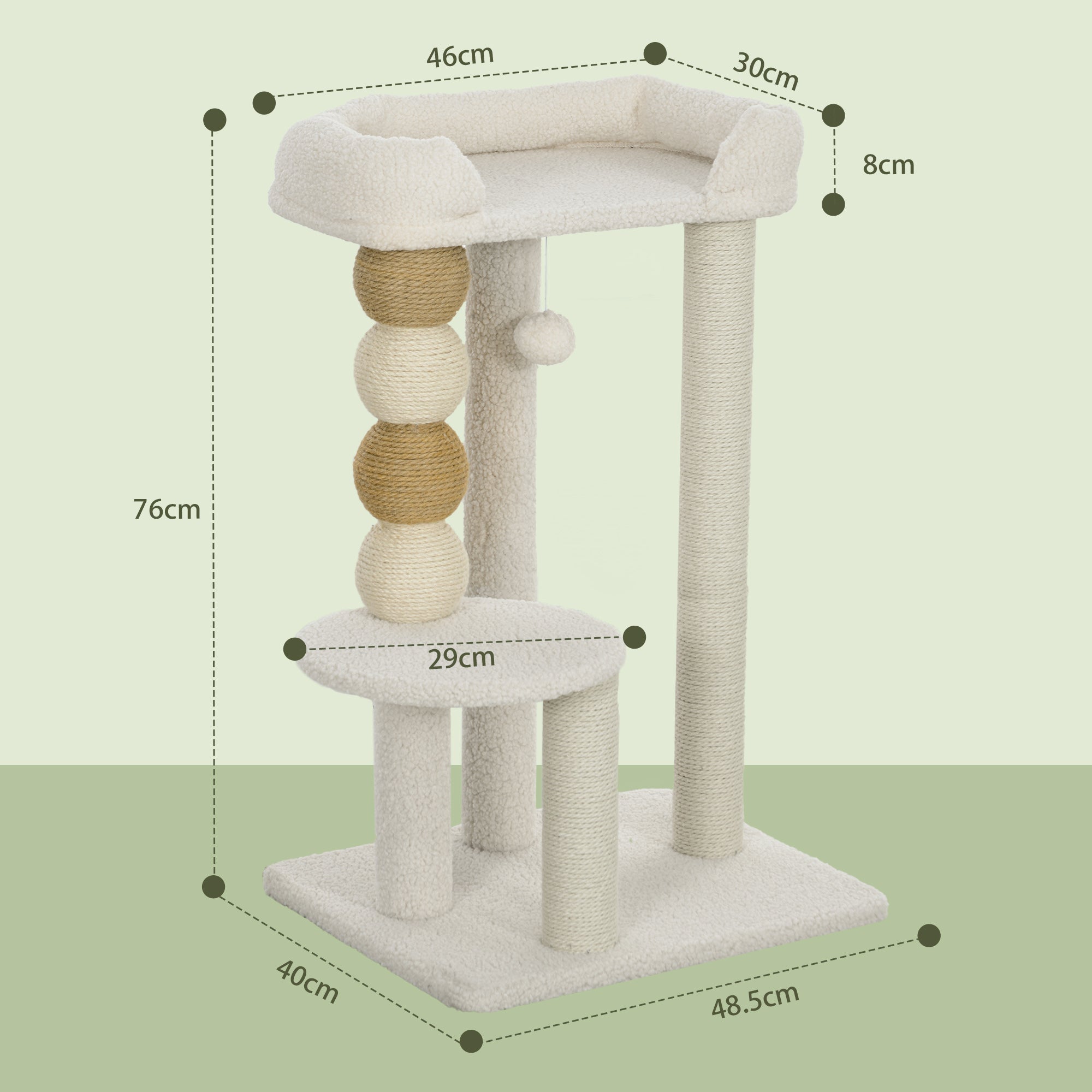 EasyComfort Torre per Gatti con Lettino, Piattaforma e Pallina Giocattolo, in Legno, Peluche e Iuta, 48.5x40x76 cm, Beige