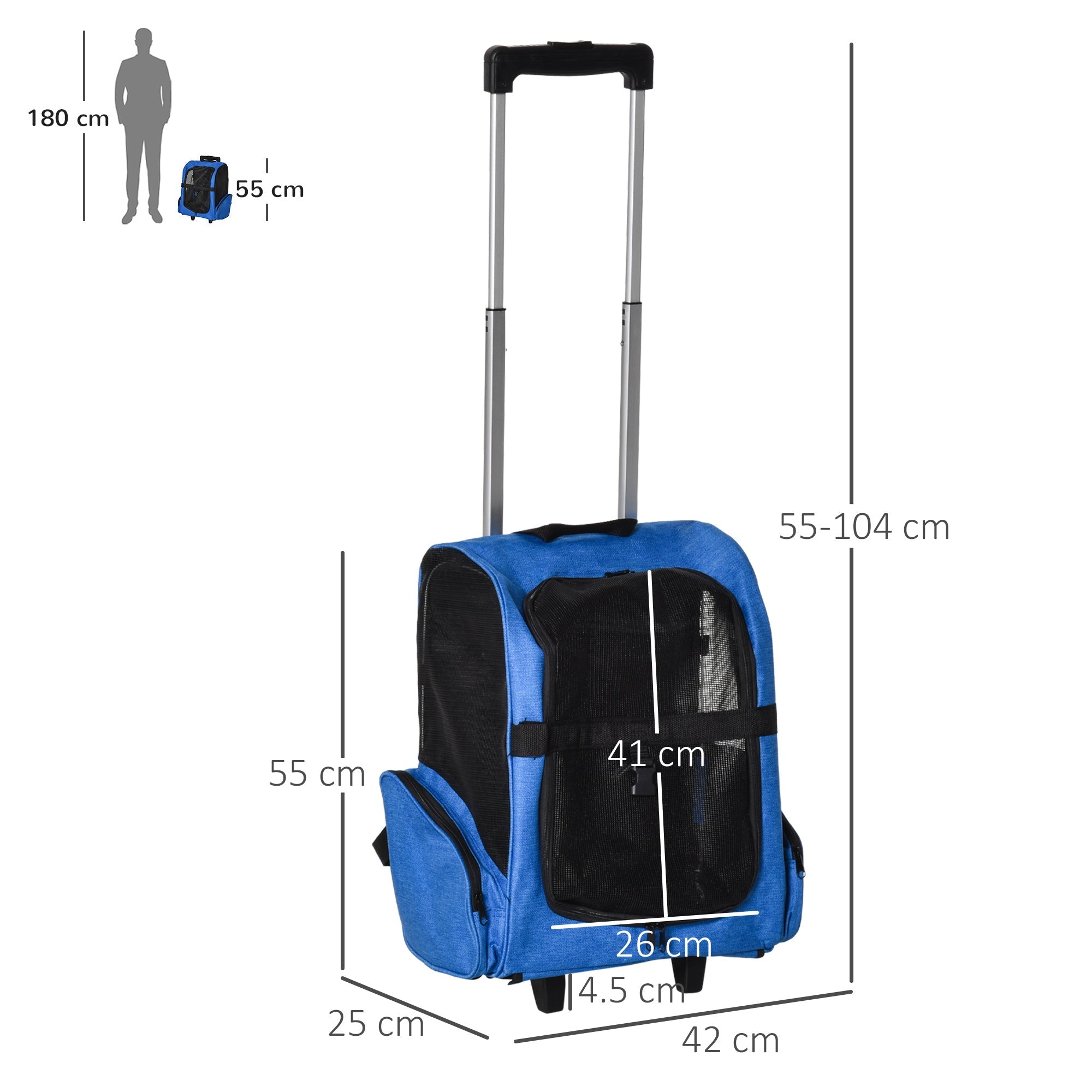 EasyComfort Trasportino Zaino 2 in 1 per Cani e Gatti with Tasche e Maniglia Telescopica, 42x25x55cm, Blu