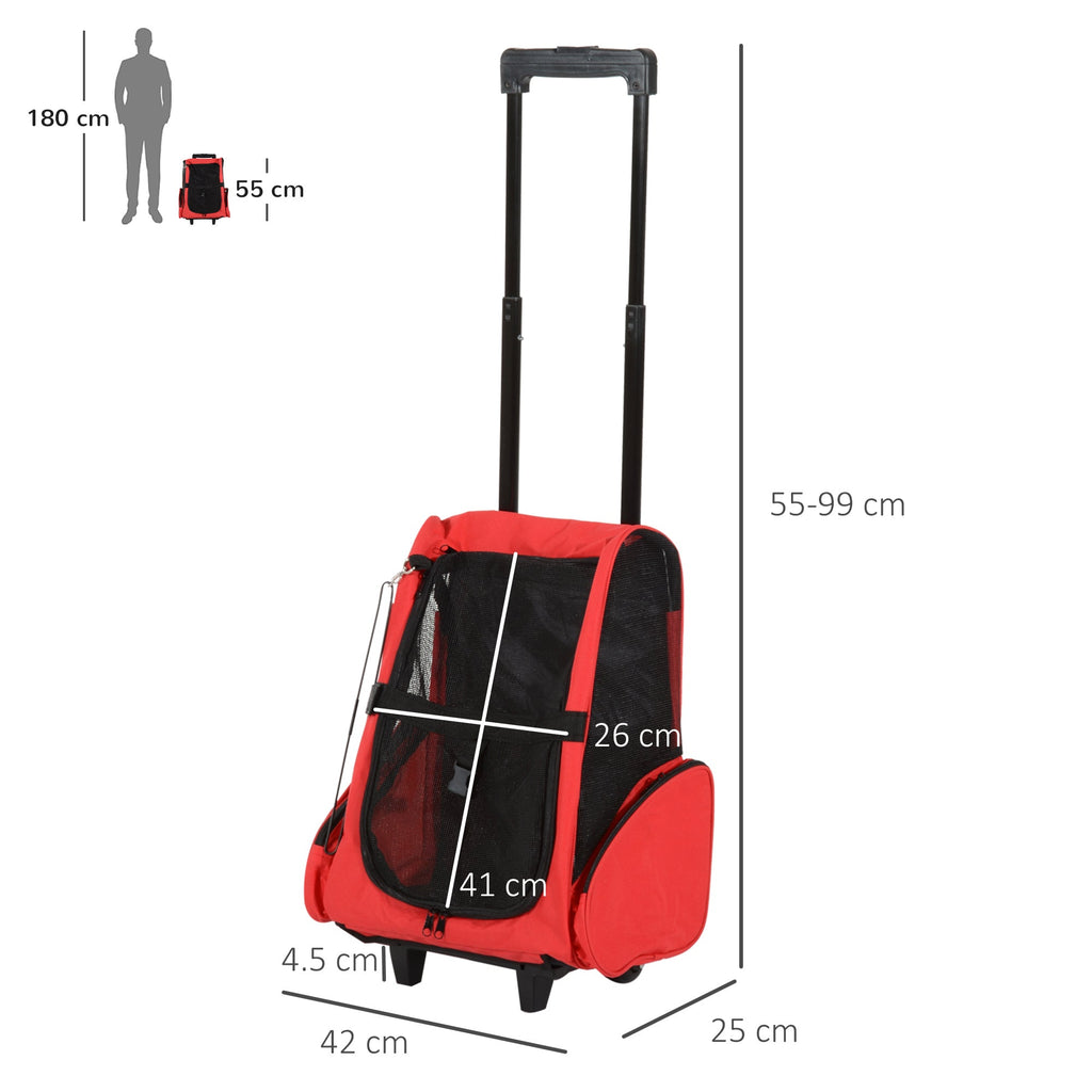 EASYCOMFORT 2 in 1 Backpack Carrier for Dogs and Cats with Side Pockets, Telescopic Handle and Wheels, 42x25x55cm, Red