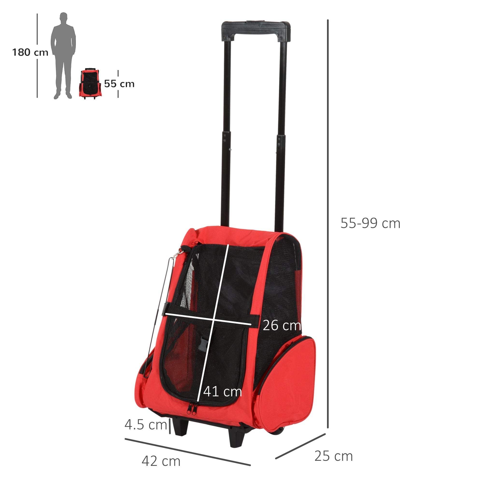 EASYCOMFORT 2 in 1 Backpack Carrier for Dogs and Cats with Side Pockets, Telescopic Handle and Wheels, 42x25x55cm, Red