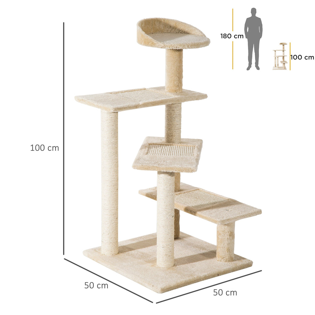EASYCOMFORT Multilevel Cat Perch with Sisal Scratching Post, Cat Tree with Platforms and Beige Plush Kennel, 50x50x100cm