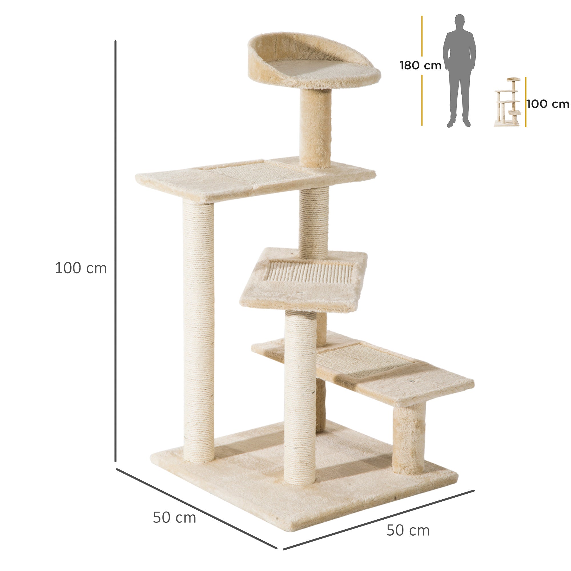 EASYCOMFORT Multilevel Cat Perch with Sisal Scratching Post, Cat Tree with Platforms and Beige Plush Kennel, 50x50x100cm