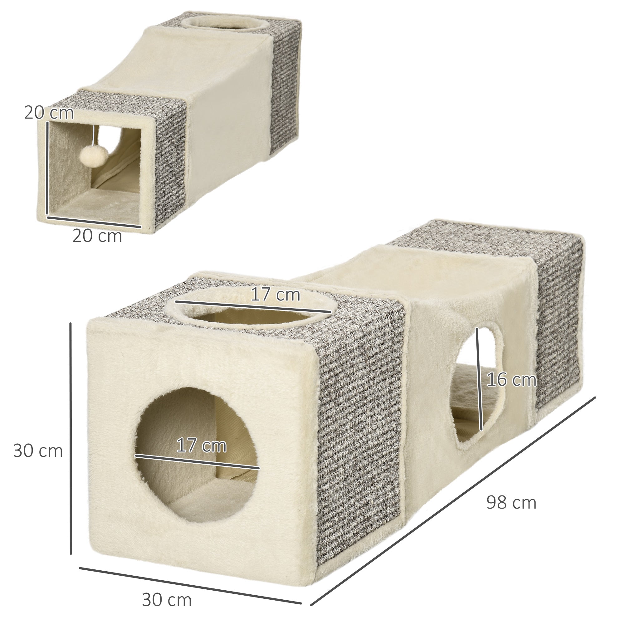 EasyComfort Kattentunnel opvouwbaar met huisjes, sisal krabpaal en speelbal, crème