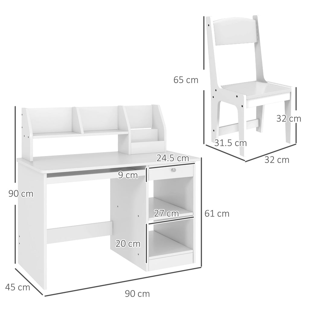 EasycomfortZONEKIZ Banco Scuola e Sedia per Bambini da 5-8 Anni with Scaffale e Mensola Estraibile in Legno white