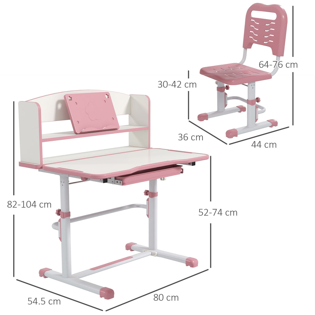 EasycomfortZONEKIZ Set Scrivania per Bambini with Sedia Regolabile in Altezza e Piano Inclinabile, Età 6-12 Anni, Rosa