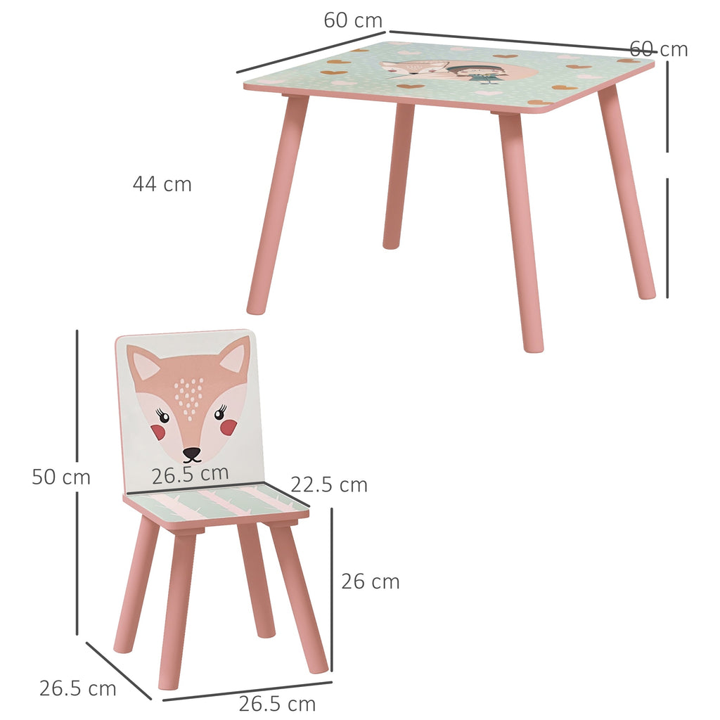 EasycomfortZONEKIZ Set Tavolo e Sedie 3 Pezzi per Bambini 3-8 Anni in MDF e Legno di Pino with Disegni di Animali, Rosa