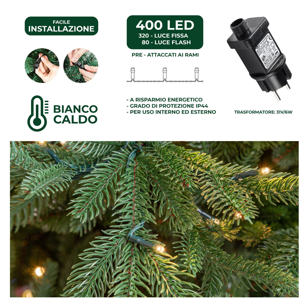 Albero di Natale Artificiale Verde Le Stelle Sestriere H 180cm x L 145cm Super Folto with 400 Luci Led + 20 Luci Flash Incorporate 1972 Rami