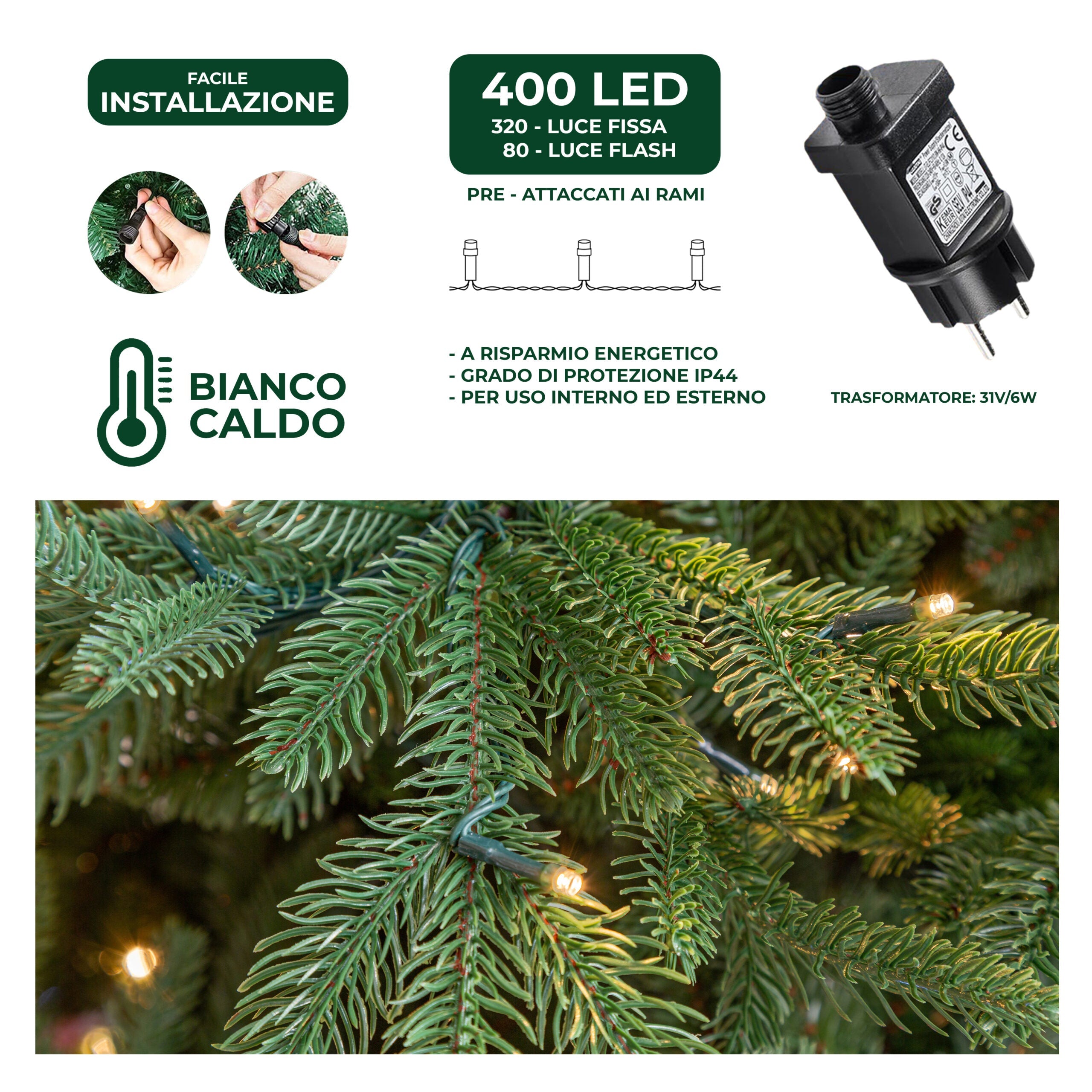 Albero di Natale Artificiale Verde Le Stelle Sestriere H 180cm x L 145cm Super Folto with 400 Luci Led + 20 Luci Flash Incorporate 1972 Rami