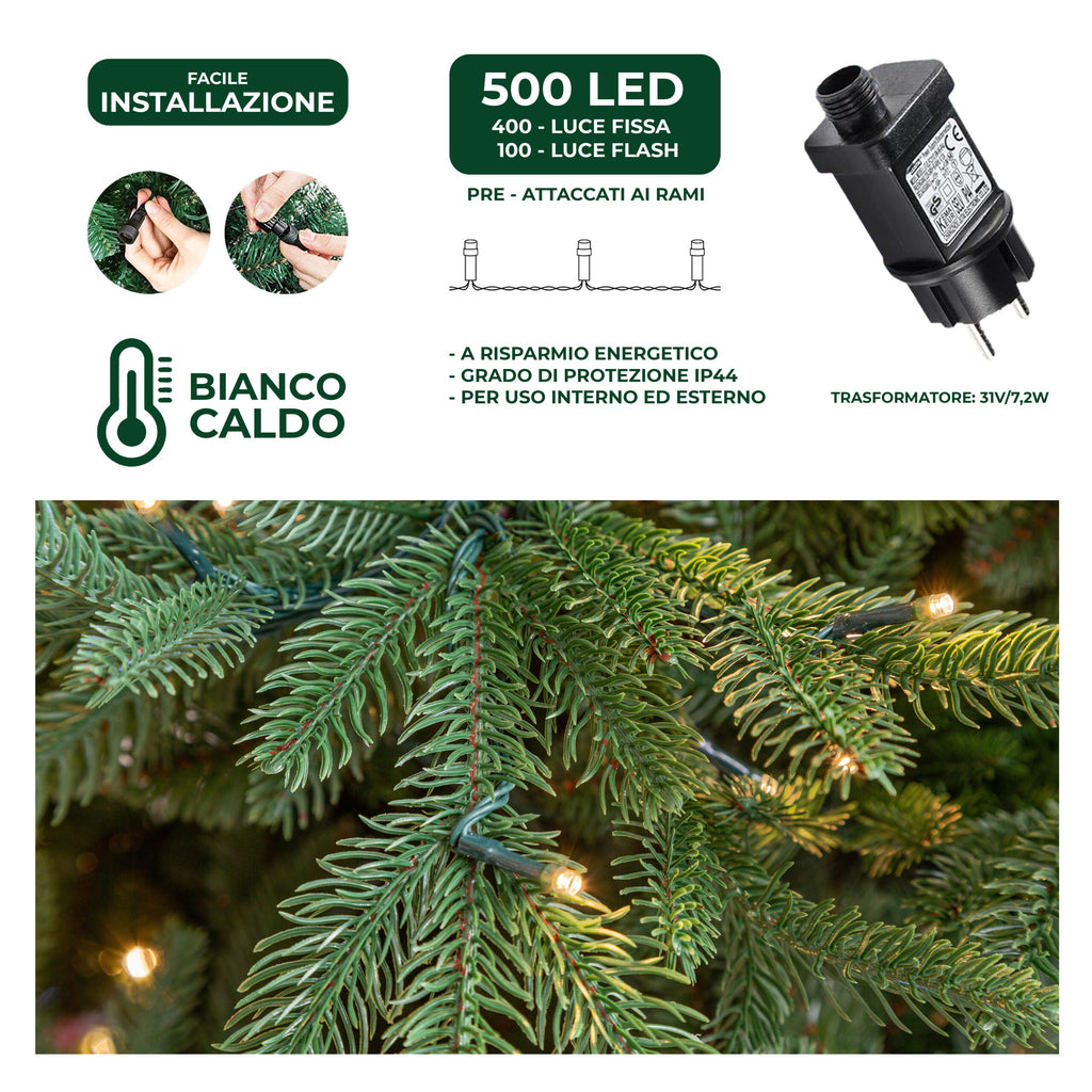 Albero di Natale Artificiale Verde Le Stelle Sestriere H 210cm x L 150cm Super Folto with 500 Luci Led + 20 Luci Flash Incorporate 2640 Rami