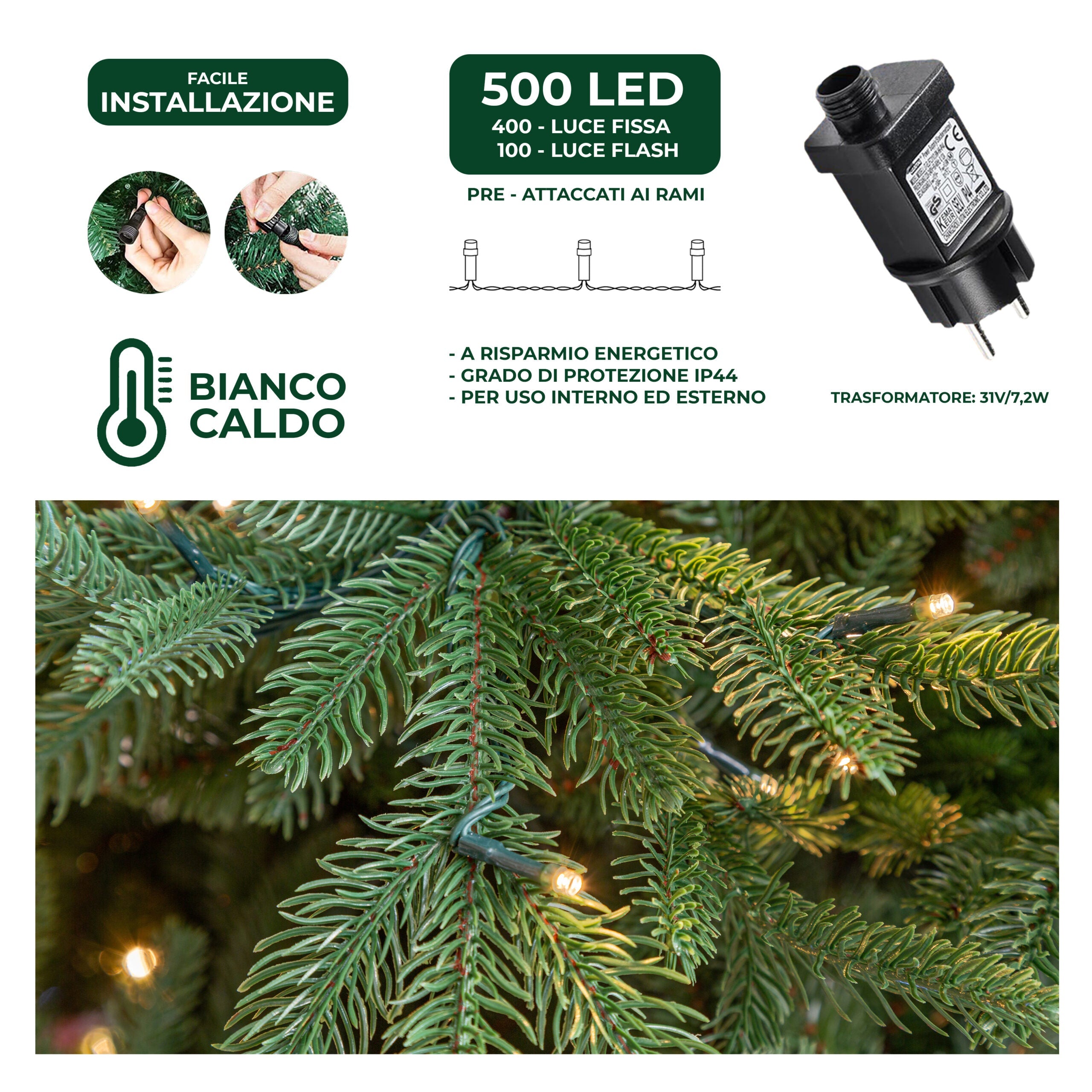 Albero di Natale Artificiale Verde Le Stelle Sestriere H 210cm x L 150cm Super Folto with 500 Luci Led + 20 Luci Flash Incorporate 2640 Rami