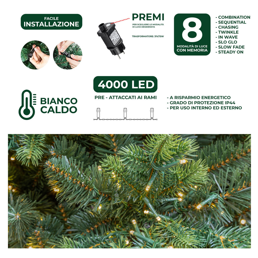 Albero di Natale Artificiale Verde Le Stelle Courmayeur H 240cm x L 150cm Super Folto with 4000 Luci Led Incorporate 4547 Rami
