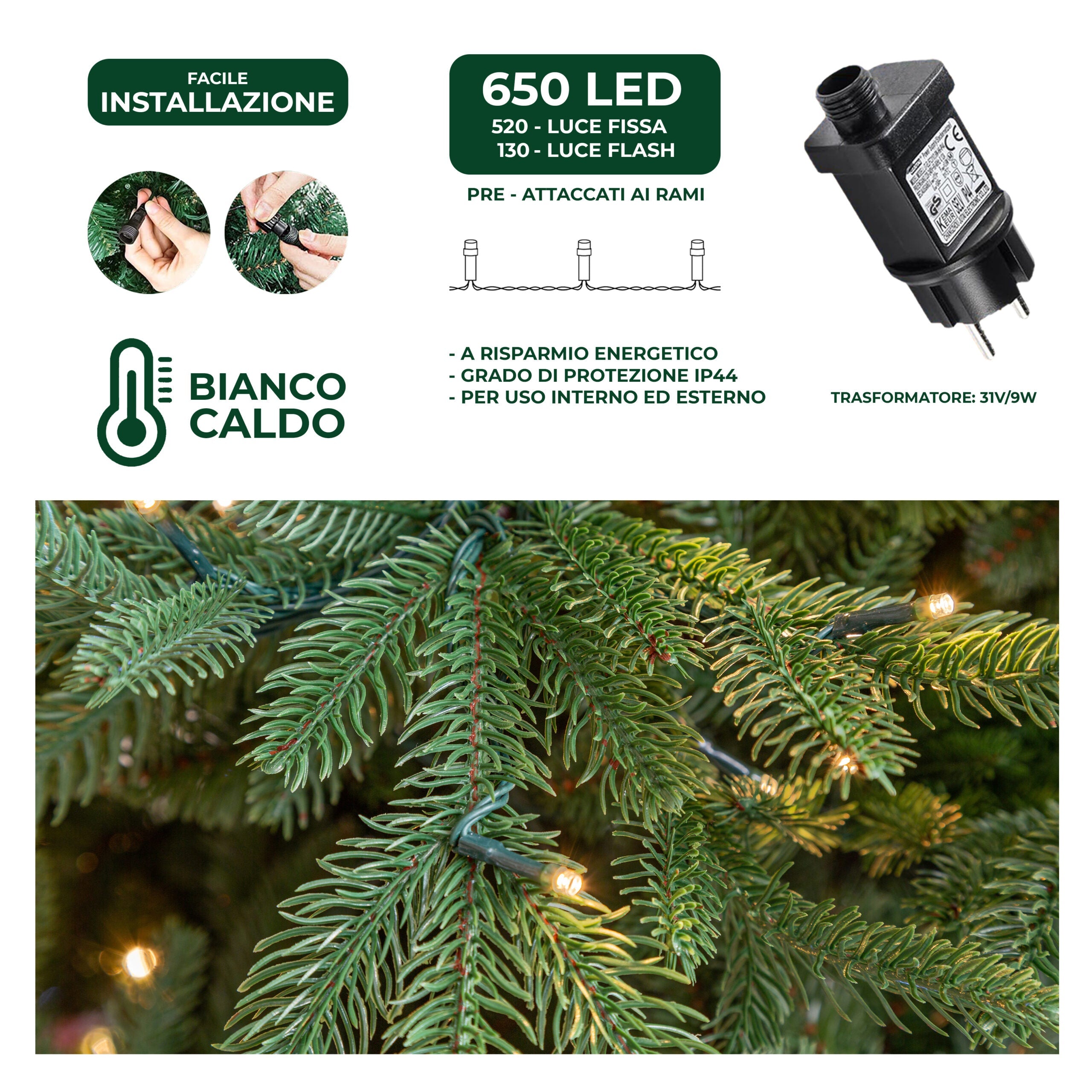 Albero di Natale Artificiale Verde Le Stelle Sestriere H 240cm x L 160cm Super Folto with 650 Luci Led + 20 Luci Flash Incorporate 3946 Rami