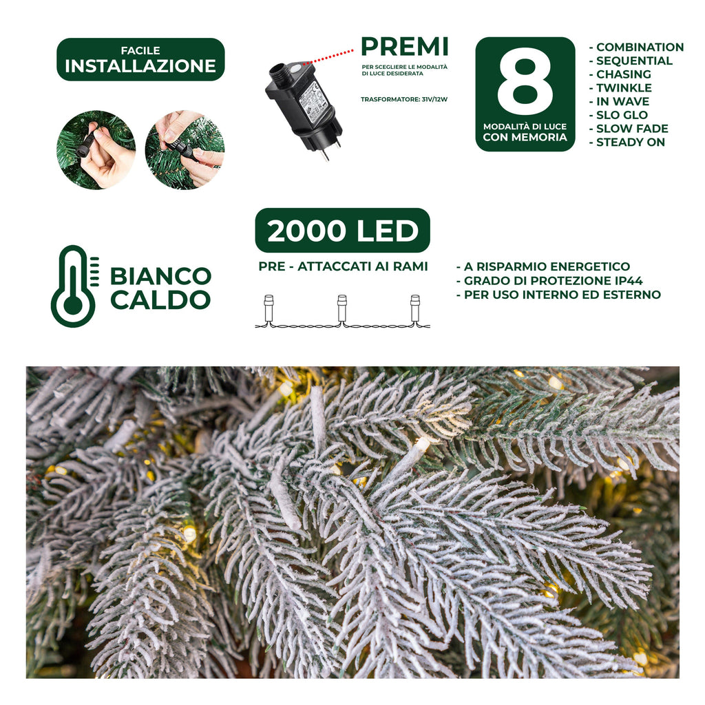 Albero di Natale Pino Verde Innevato Le Stelle St. Moritz H 180cm x L 130cm Super Folto Effetto Real-Touch with 2000 Luci Led Incorporate 1958 Rami