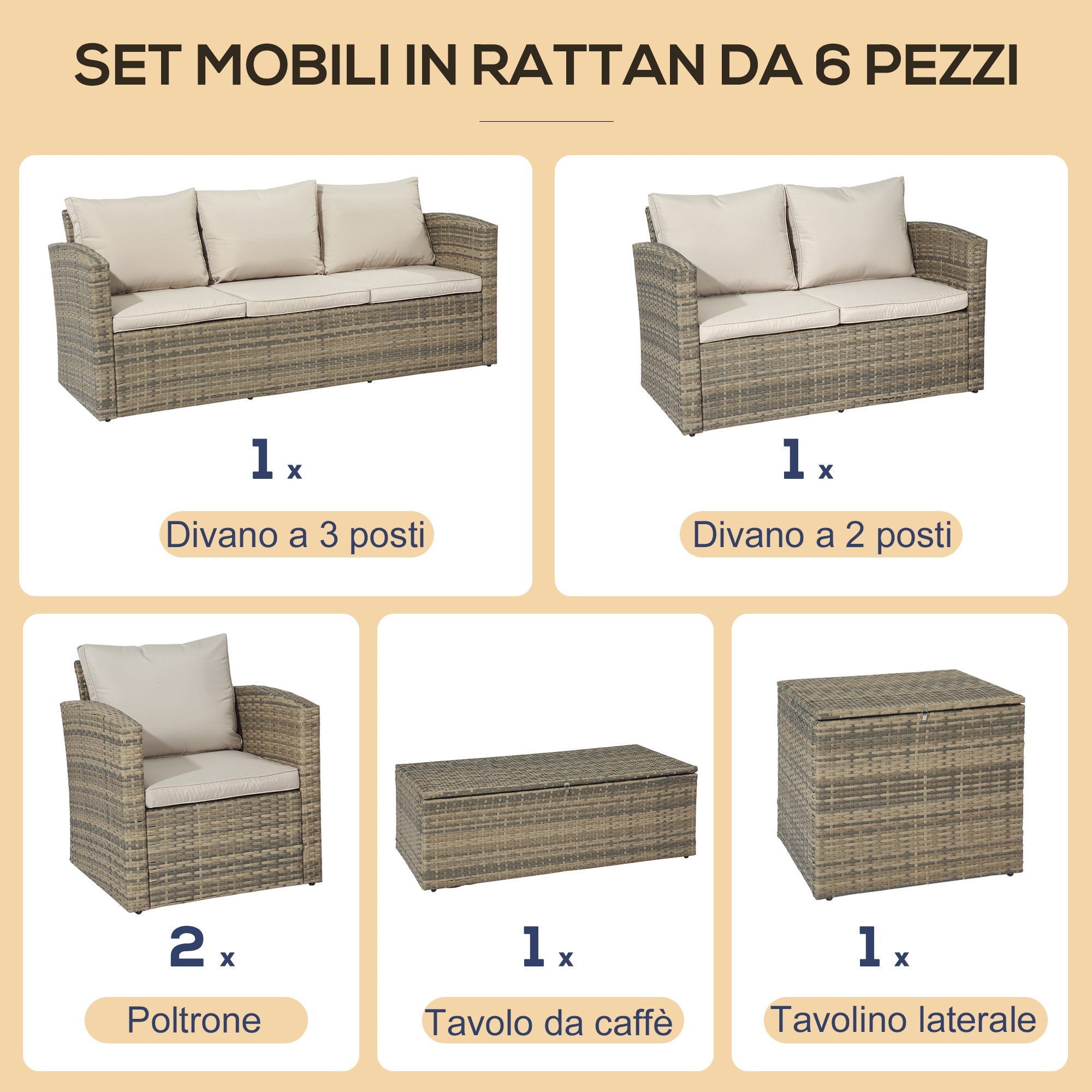 AREA OCCASIONI 2511 Easycomfort Set da Giardino 6 Pezzi in Rattan con Divani, Poltrone e Tavoli Contenitore, Beige