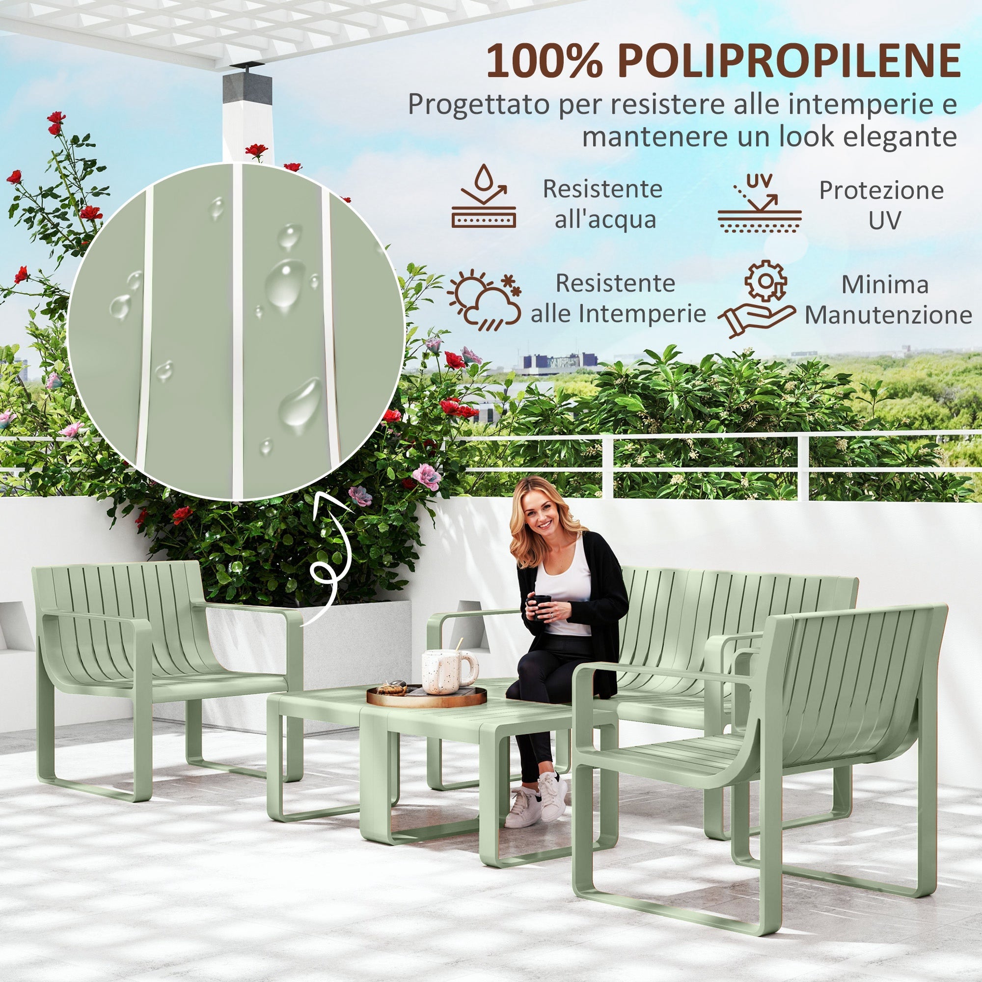 AREA OCCASIONI 2529 EasyComfort Set da Giardino 5 Pezzi a Doghe con Divanetto, 2 Poltroncine e 2 Tavolini in Polipropilene Verde
