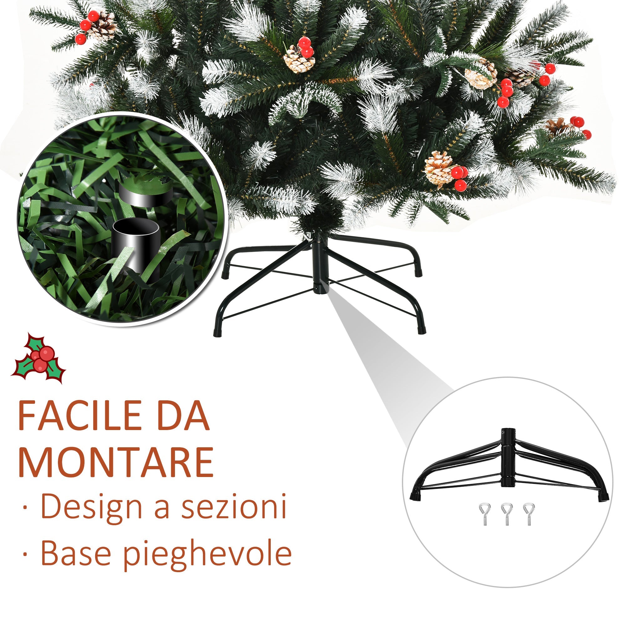 Easycomfort Albero di Natale Innevato 180cm with Bacche Rosse e Pigne Bianche, Base Rimovibile Pieghevole, 678 Rami, Verde