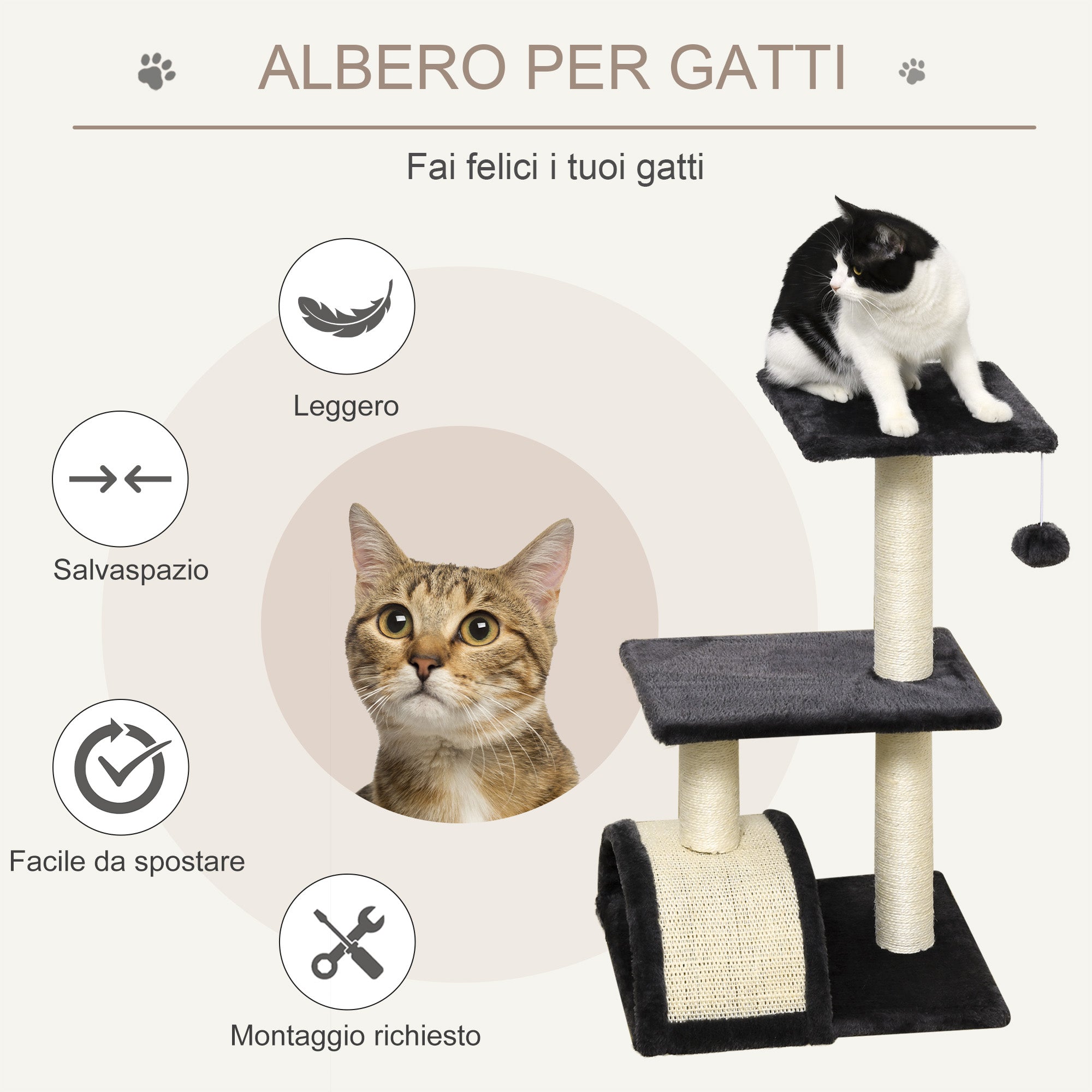 EasyComfort Albero per Gatti a 3 Livelli con Tappetino Tiragraffi ad Arco, in Legno, Peluche e Sisal, 40x35x72 cm, Grigio