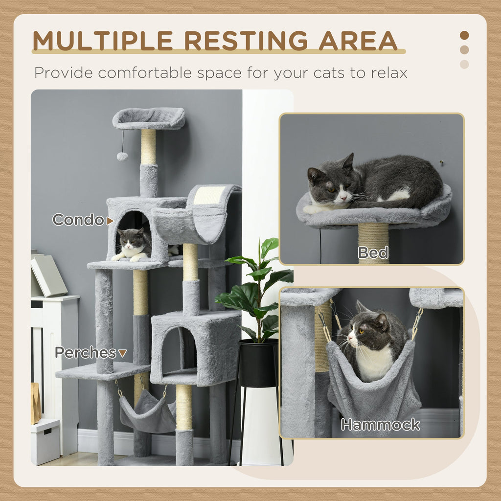 Easycomfort Albero per Gatti with Amaca, Lettino e 2 Casette, in Truciolato e Peluche, 55x49x177 cm, Grigio e white